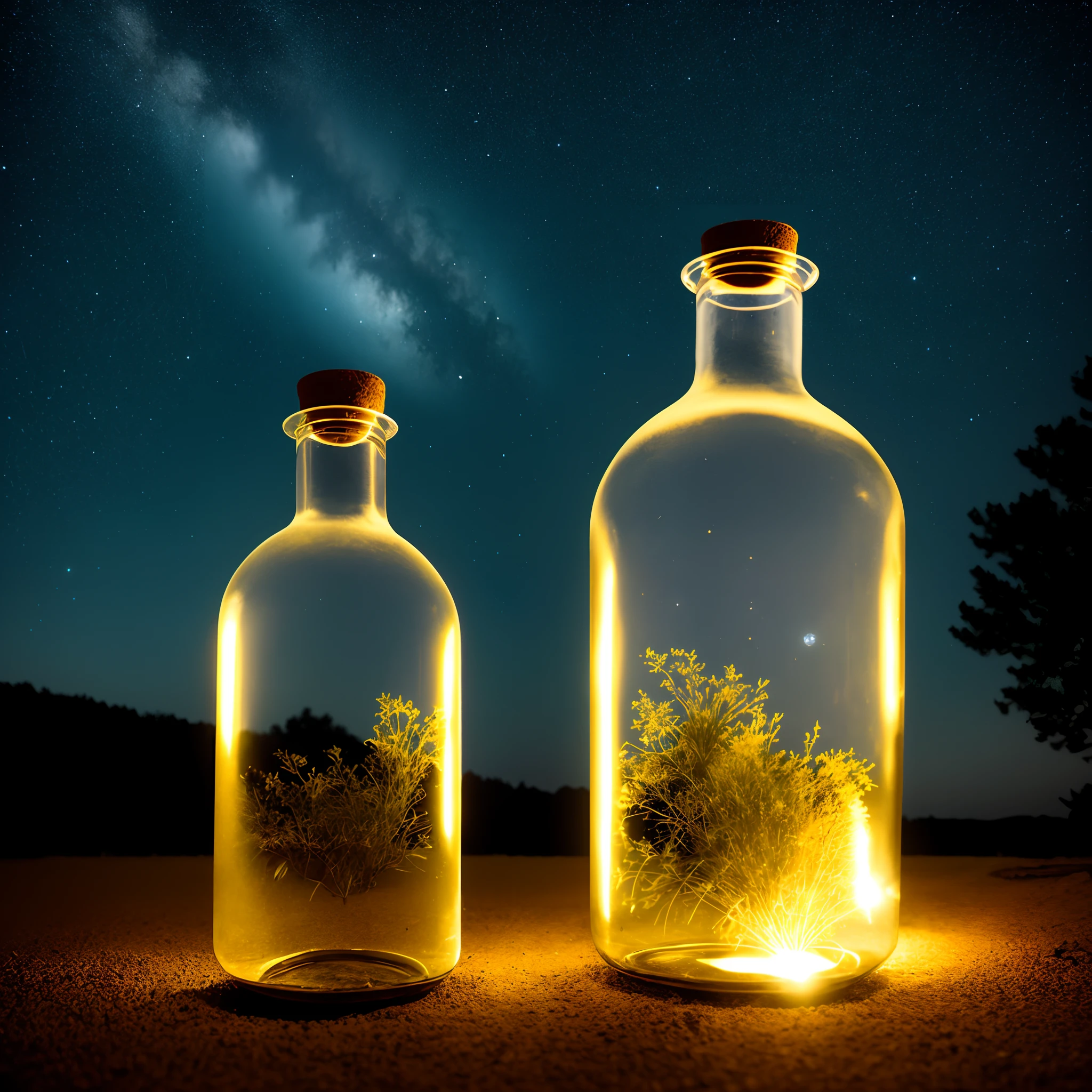 In the bottle,starrysky,WhiteDog,photorealestic,with light glowing