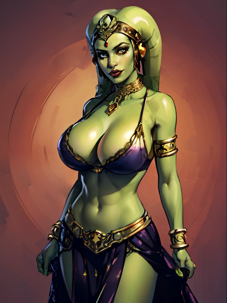 (best quality, masterpiece, highly detailed), 1girl, (green skin), sexy busty Twi'lek, large breasts, skindentation, cleavage, looking at viewer, gold and black bikini, gold, ornate metal bra, metal lace, gemstones, jewelry, long skirts, armlets, pelvic curtain, Star Wars, lekku stripes