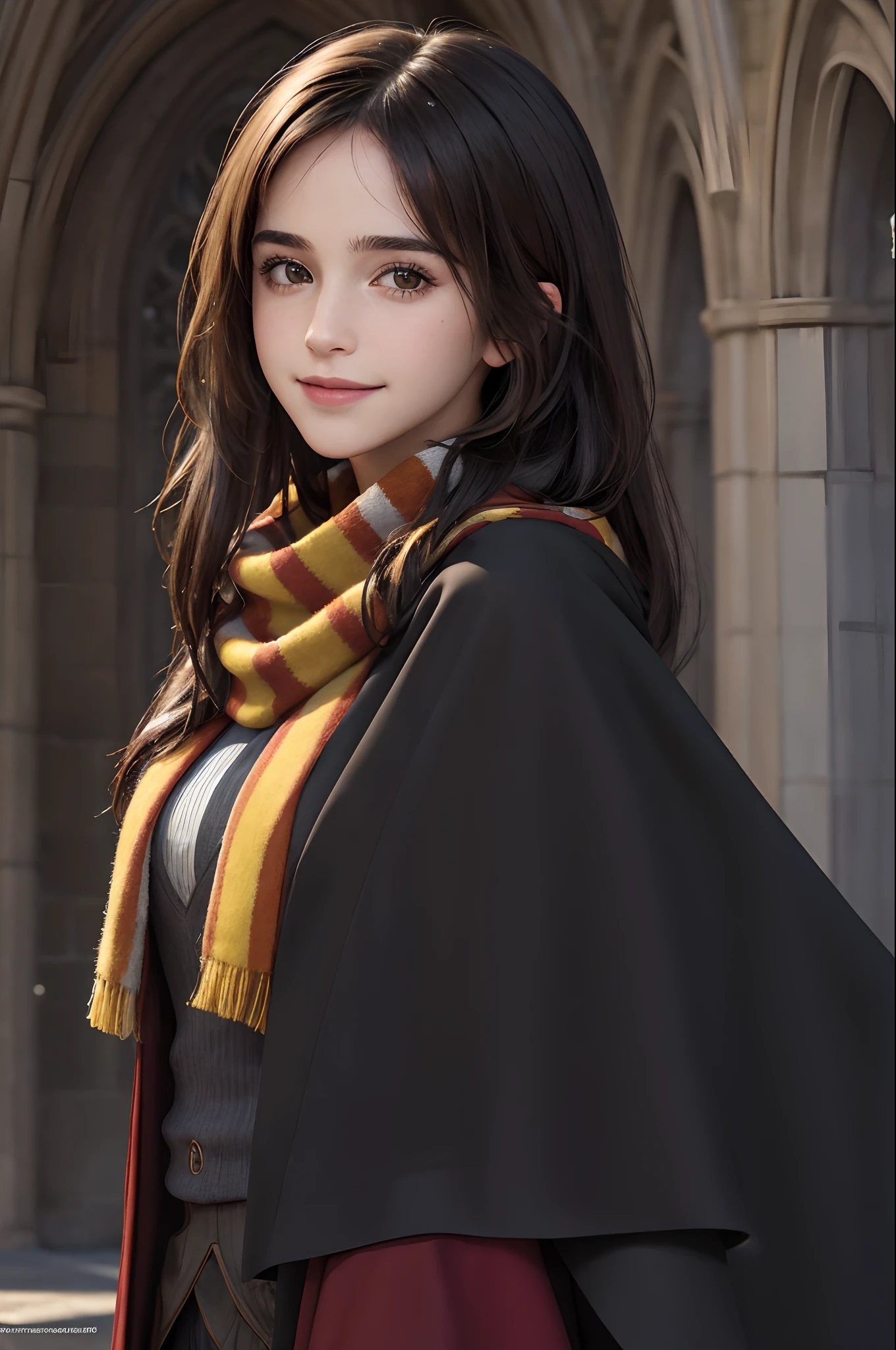 masterpiece, RAW, analogue, Nikon Z 85mm, award-winning glamor photography, high resolution, photorealistic, real, very high quality RAW photography, detailed background, complex, (perfect lighting: 1.2), cinematic lighting, CHAR-EmmaWatson: 0.2) , hermione, 1girl, solo, portrait, looking at viewer, smile, upper body, focus on face, black hair, long hair, brown eyes, smile, looking at viewer, hogsks, striped scarf, Gryffindor, black cloak, medieval, gothic architecture, mist, dof,