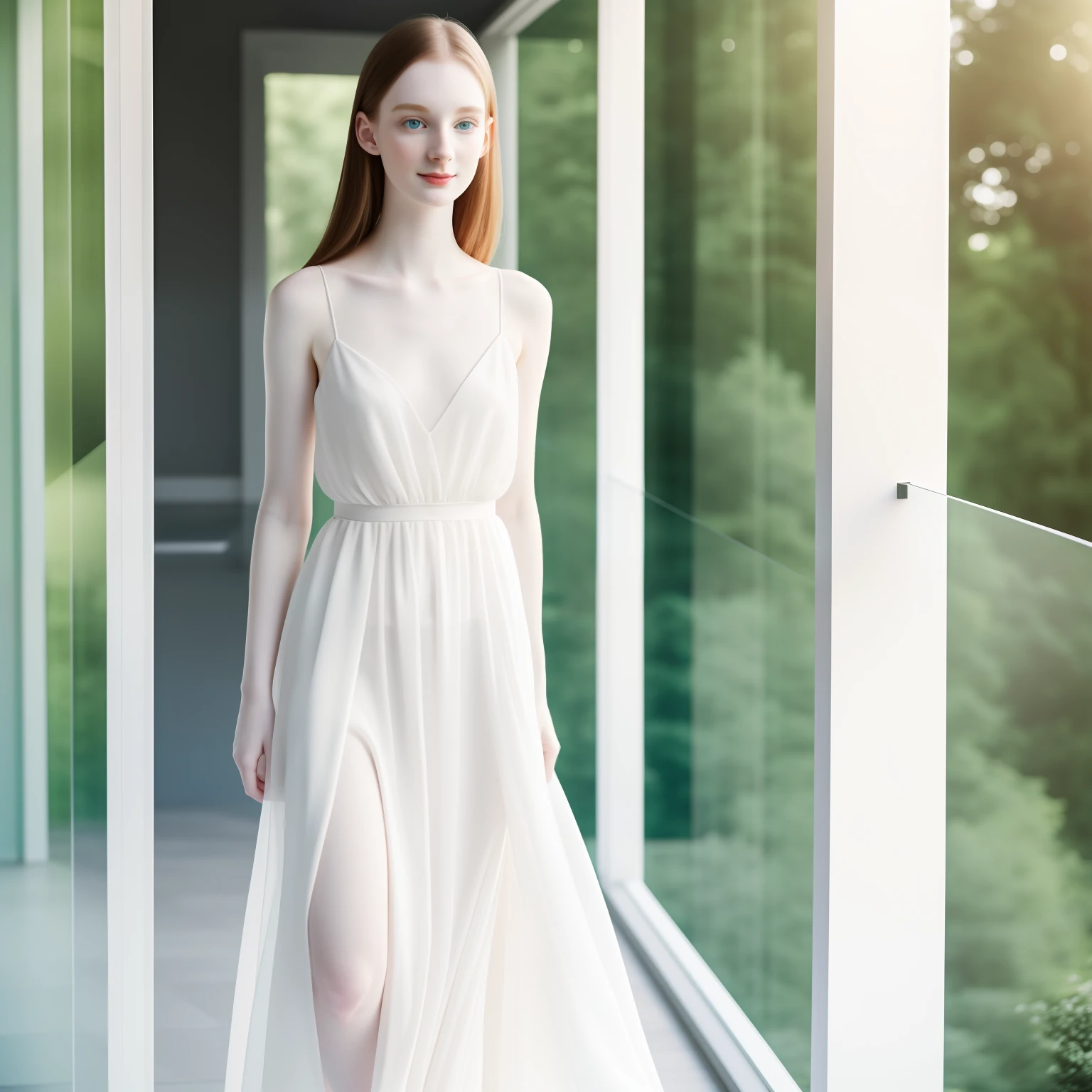 A close up of a beautiful girl, pale skin, perfect body, standing in ethereal dress, full body, background has a glass room