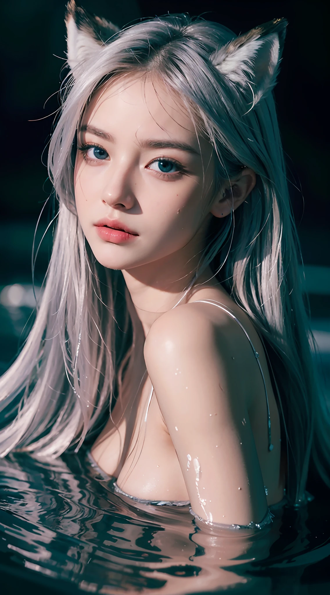 Seven part photos,Masterpiece, Best quality,offcial art, extremely detailed CG  8k wallpaper,(flying petal)(detailed ice) ,  crystalstexture skin, cold expression, ((Fox ears)),White hair, The long-haired, Messy hair, eBlue eyes,middlebreast,view the viewer,Extremely Delicately Beautiful, water,  ((beautydetailed eye)), highly  detailed, cinmatic lighting,((Beautiful face),fine water surface, (originalfigure painting), Ultra-detailed, incredibily detailed,  (Extremely Delicately Beautiful),Beautiful detailed eyes,(Best quality)