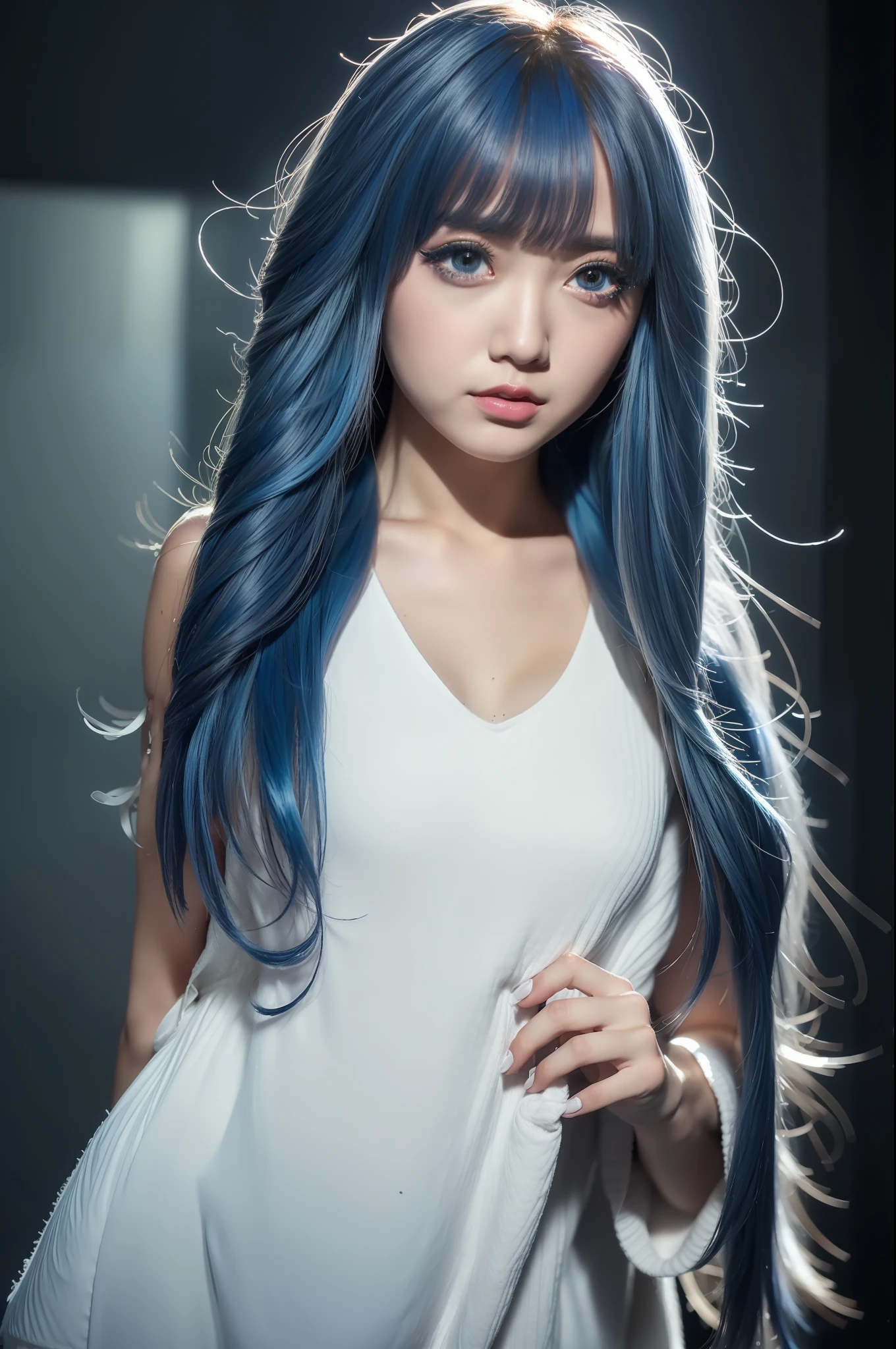 Random posture、mix4、(in 8K、RAW Photos、top-quality、​masterpiece:1.2)、Inner mesh, blue hairs, , Japan band gal style, beautiful blue haired girl, flowing blue hair, rich blue colors, Sing hard、（Background Live House）One girl、profetional lighting、（​masterpiece）、（Elaborate CG）top quality photo, hight resolution, 1080p, (Clear face), (Detailed face description), (Detailed hand description）、（​masterpiece）、（Elaborate CG）、extreme light and shadows、dishevled hair、The work of the master、abundant detail、（Fine facial features）、（top quality photo）、（​masterpiece）、（A detailed eye）、Look in front of you、from behind,（Bright studio on background）