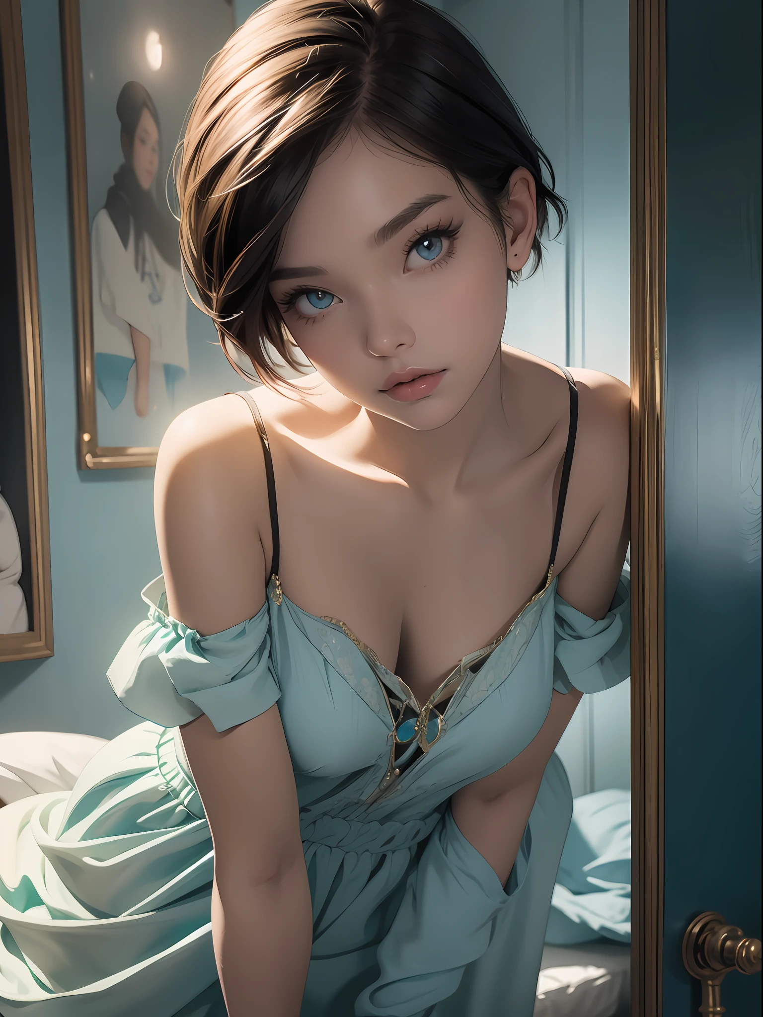 "A mesmerizing portrait of a captivating young girl , short hair with enchanting eyes." (Full body), beautiful face