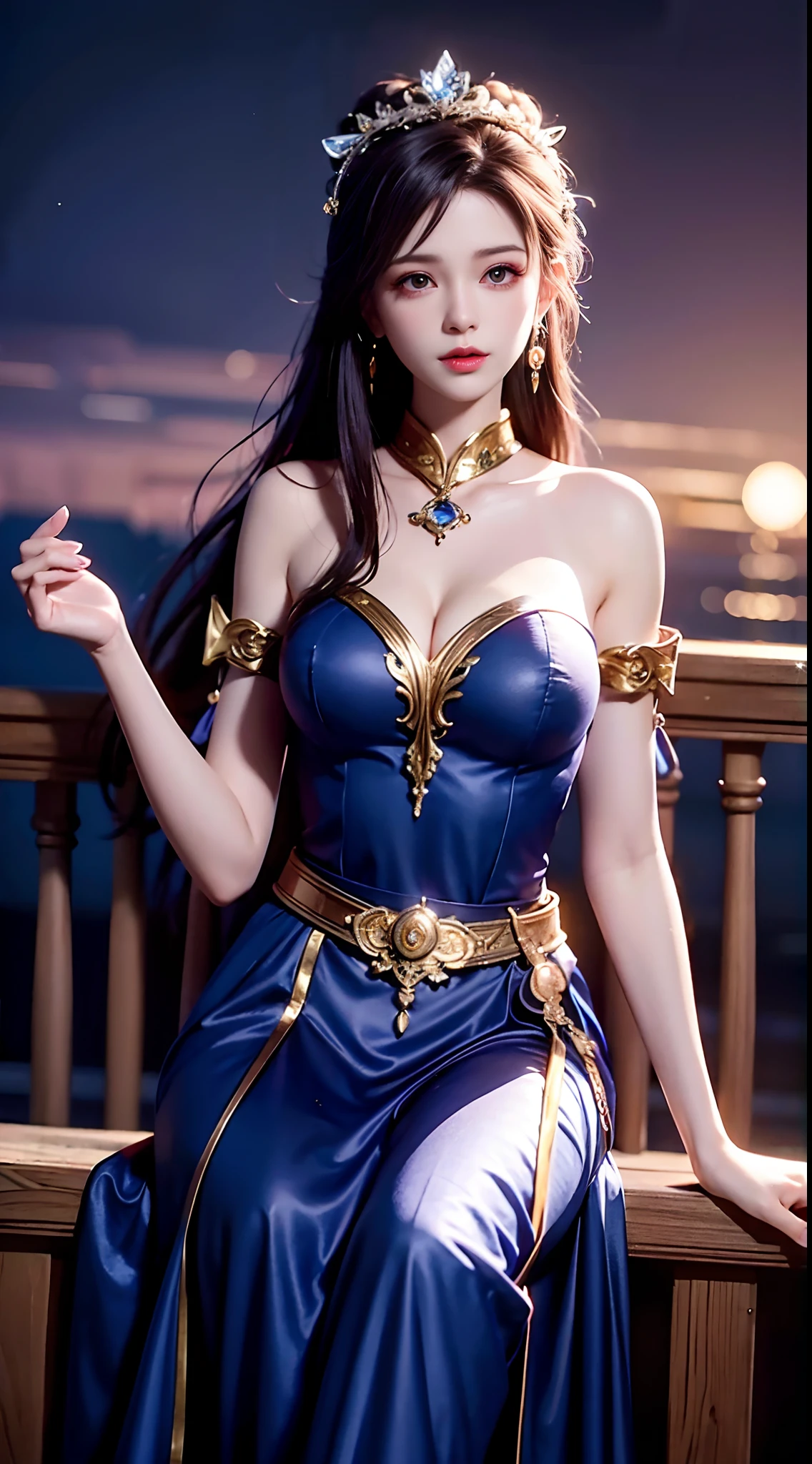 moon, moonlight, full moon, night, dark blue sky, violet, lilac dress, long skirt on chest, long black hair, long hair and waist, beautiful maiden, god, divinity, white tiara, sitting on railing, hair, slanted bangs, headband, hair ornament, forehead gemstone, paulai's jewel branch, crescent hair ornament, fish hair ornament, god ray, glitter, cinematic lighting, lens glare, uhd, high detail, high quality, high resolution, best quality, 8K, 16K, high detail, high quality, high quality, super detail, Anatomically correct, masterpiece, ccurate