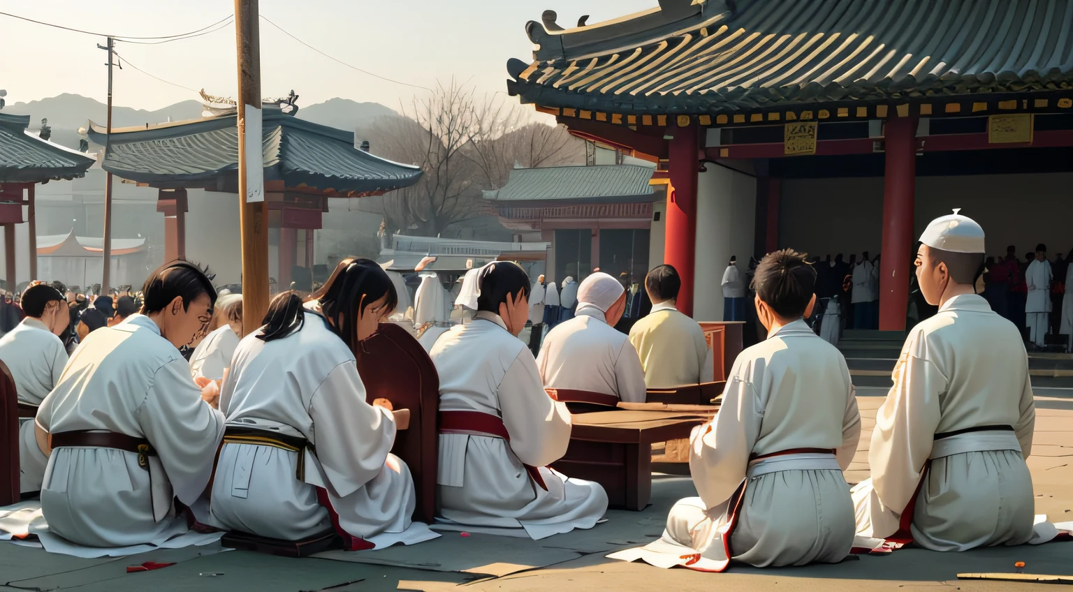 Several people sat on the ground in the market, Taoist temples and monks, holy ceremony, white daoist robes, Taoist, wearing white robes with, Ceremonial ceremonies, Unholy rituals, wearing white robes with!, Bless the soil at night, Daoism, shintoism, full - view, wearing white cloth, Shrine, tradition