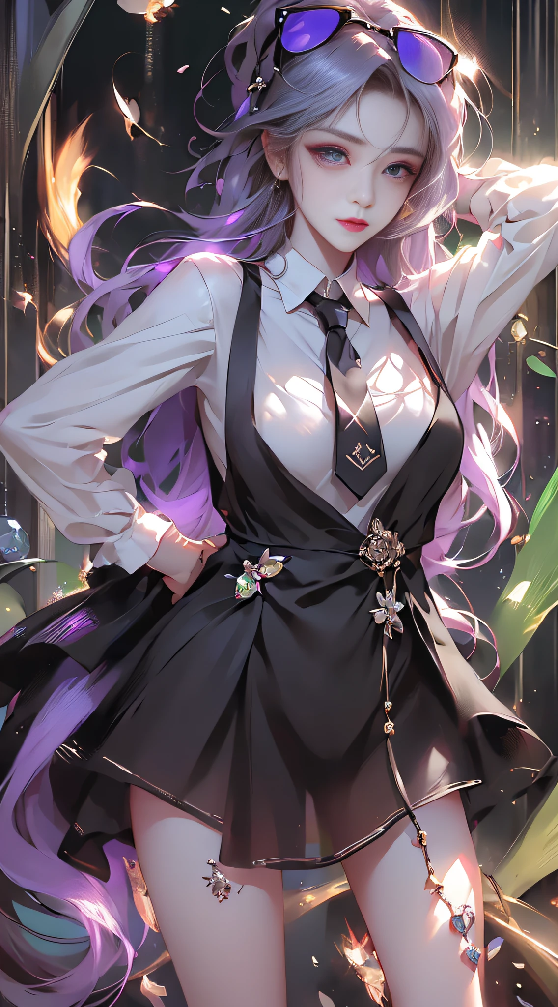 (full body:1.2),(detailed face and eyes:1.3),Classic headshot pose:1.2
torchan,1girl,solo,long hair,purple hair,green eyes,sunglasses,mini crown,shirt,long sleeves,necktie,ahoge,suspenders,suspender skirt,single thigh strap,holster,kneehighs,
Ultra-detail,(highres:1.1),best quality,(masterpiece:1.3),cinematic lighting,