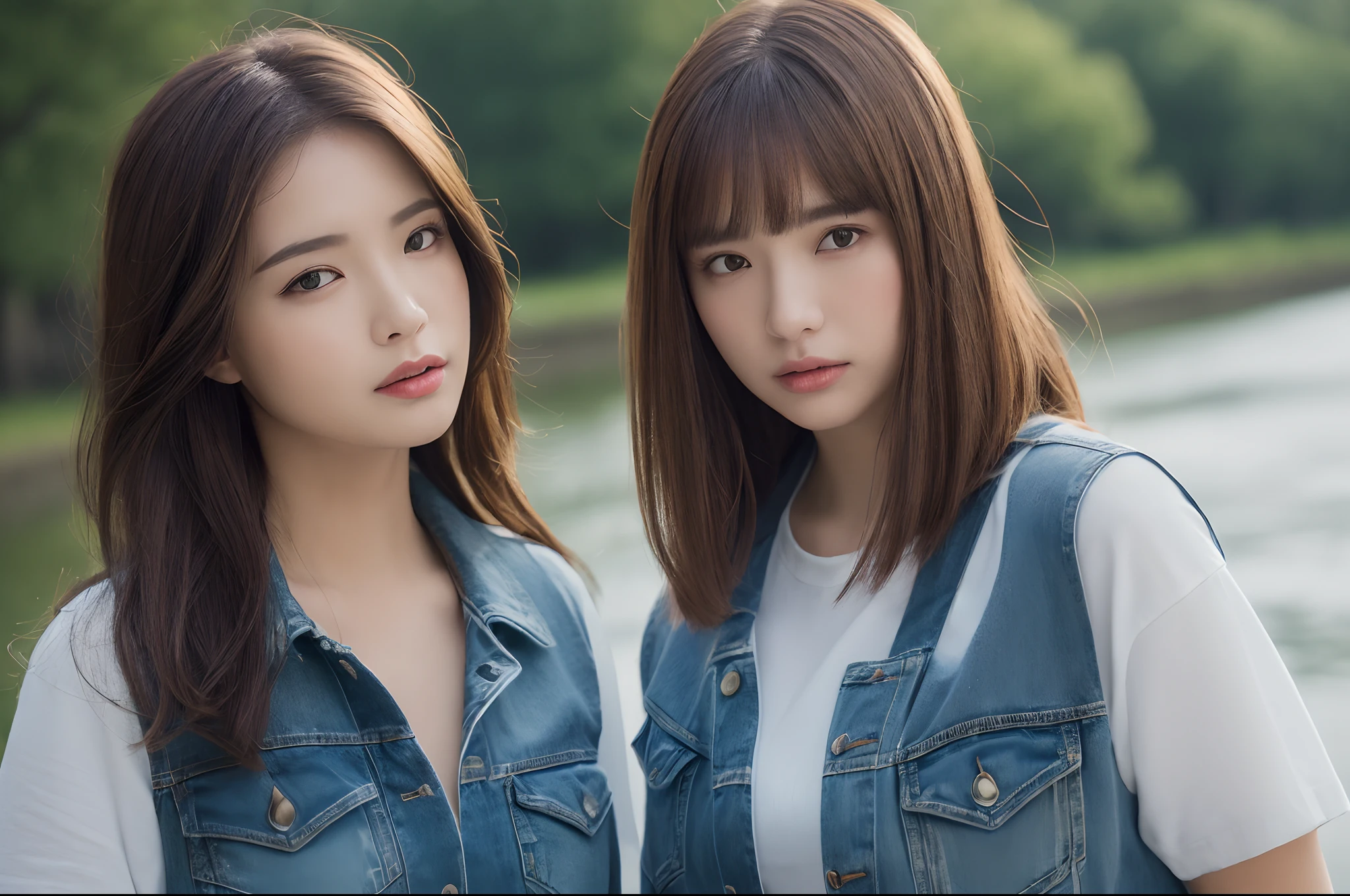 ((Realistic lighting、top-quality、8K、​masterpiece:1.3))、Clear Focus:1.2、2girls、Perfect figure:1.4、((dark brown  hair))、(White shirt:1.4、denim)、(BBQ:1.5、River、natta:1.1)、Super fine face、Narrow-eyed、二重まぶた