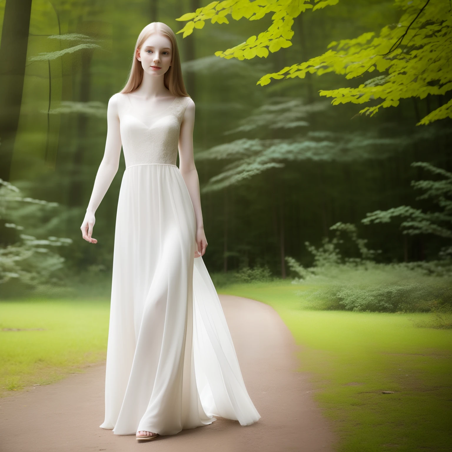 A close up of a beautiful girl, pale skin, perfect body, standing in ethereal dress, full body, background has a glass room