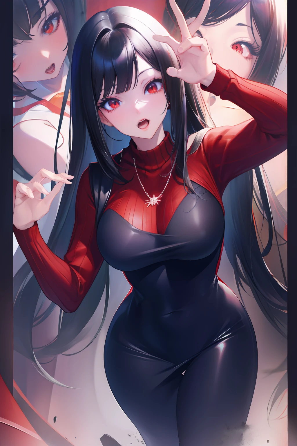 open open mouth，black color hair，Anime girl in red sweater, attractive anime girls, anime woman, Beautiful anime woman, Realistic anime 3 D style, seductive anime girls, female anime character, realistic anime artstyle, Smooth anime CG art, Digital anime illustration, beautiful and seductive anime woman, Beautiful anime girl,closeup of face