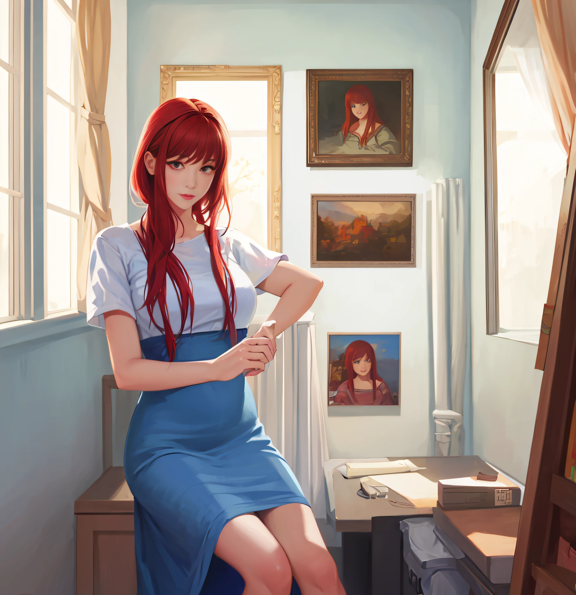 painting of a woman with red hair and a blue dress, , soft digital painting, , Realistic cute girl painting