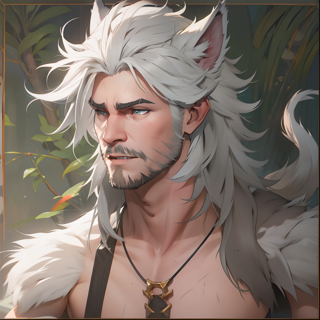 Male with light beard, flowing white hair, has wolf ears, has wolf tail, shirtless, happy, playful, solo, alone,