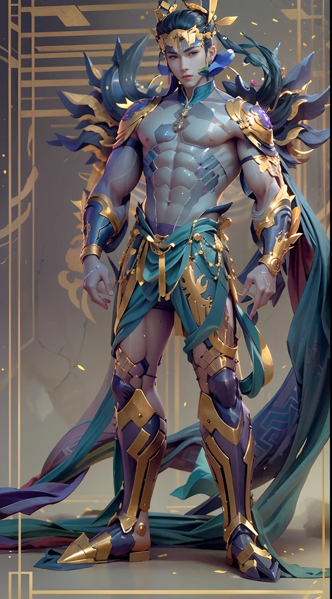 Sculpture design,Figures,GK model,(The whole body of the character),Expose muscles,(sexy for),(Exquisite base),The color of the clothes is gold,blue and violet,Transparent texture,Wu Yifan,Handsome cybernetic boy looking at camera lingerie detailed muscular reality masterpiece,musculous