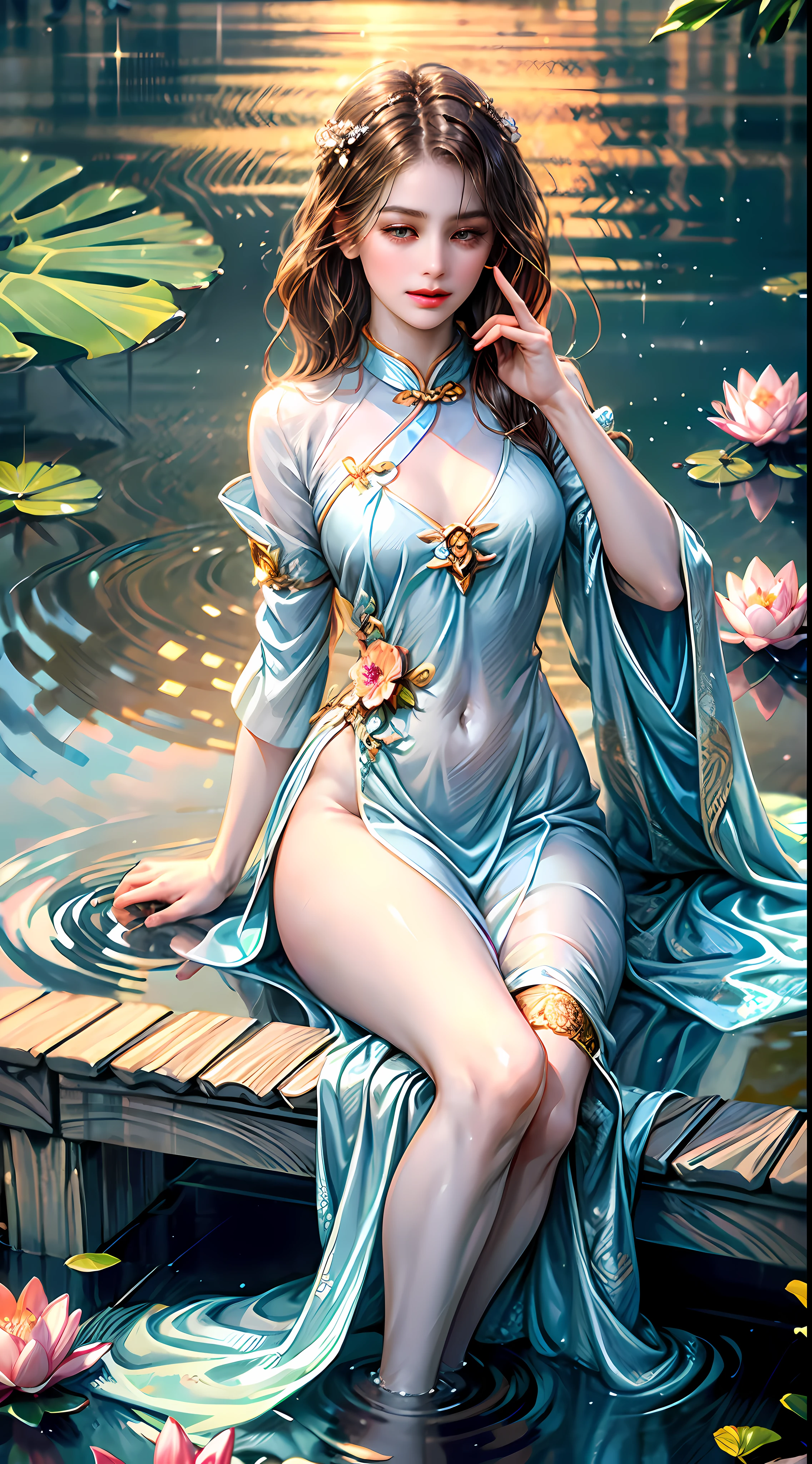 Beautiful woman wearing intricate Chinese cheongsam on the surface of a pond，Brown hair，Many pink lotus flowers，Many green lotus leaves fill the space，Super detailed close-up photography of lotus pond moonlight。This is a close-up photography of a woman，（This woman has perfect body proportions：1.8），（Mid-chest and thin waist：1.8），（Small thin buttocks：1.8），（Hair is neat：1.8），（the feet：1.8），Detailed and informative，Realist conception，The style is original，UHD resolution，photorealestic，Realistis，eyes looking at viewer，（The eye：1.8），Hibiscus moon and water drops，bokha mood，sunraise，（An extremely delicate and beautiful girl：1.8），8k wallpaper，primitive{{{tmasterpiece}}}，RAW photogr，(8K at its best, tmasterpiece:1.8), (realisticlying, realisticlying:1.8), ultra - detailed，(tmasterpiece:1.8)，best qualtiy，tmasterpiece，hires，Original，Very detailed ultra HD wallpapers，perfect litthing，Detailed facial features are beautiful and beautiful，(Realistic and beautiful facial features：1.8），Detailed limbs are sound and beautiful，（Realistic and beautiful limbs：1.8），The super detailed movements make people feel elegant and dignified and beautiful，（White as jade, lustrous and flexible, smooth arms and legs：1.8），（The fingers of the left hand point in a unified direction：1.7），（The fingers of the right hand point in a unified direction：1.7)