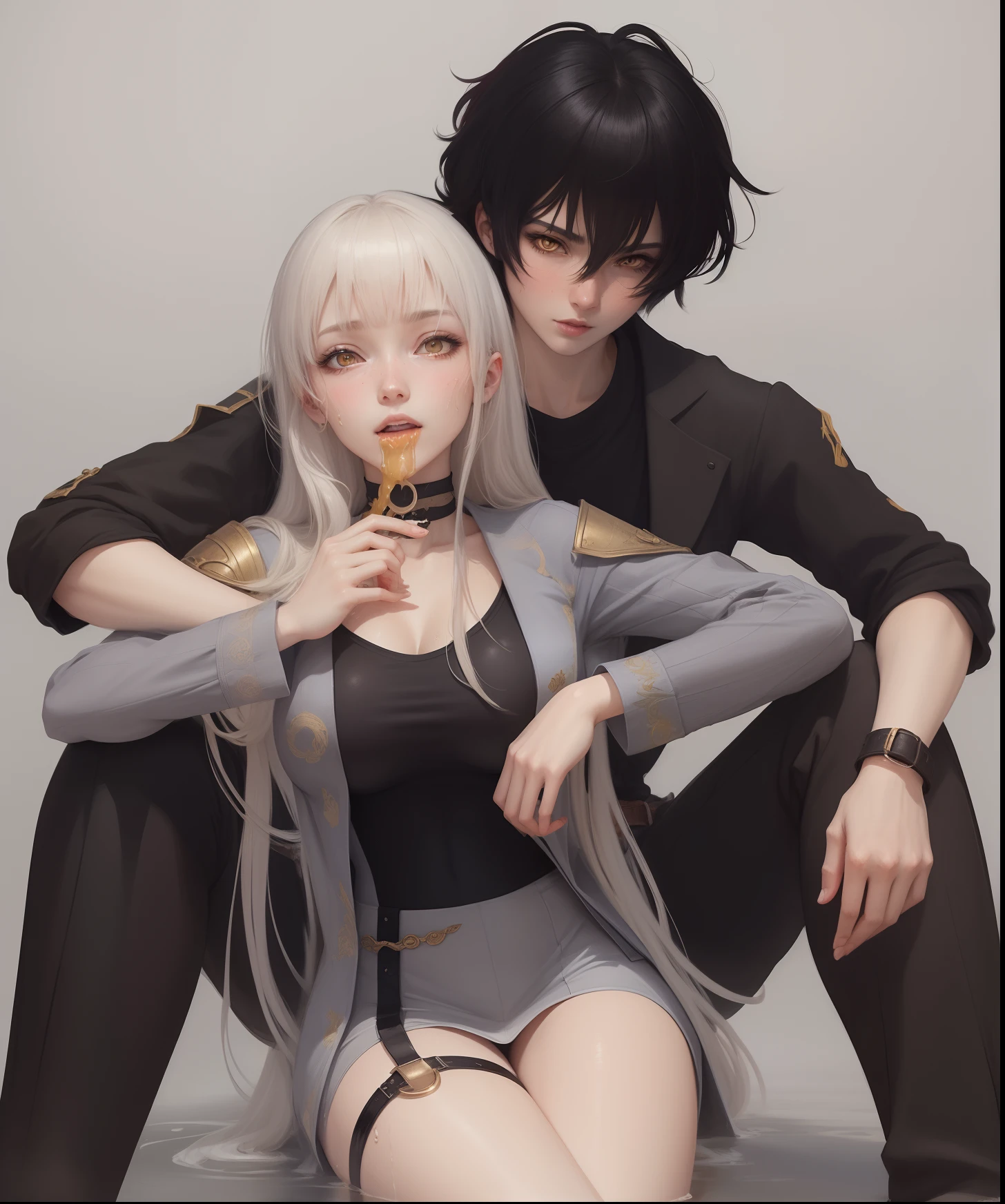 High quality realistic Anime style, beautiful, masterpiece, medieval adventure clothes, black hair with a few golden streaks, yellow eyes,girl super big breast and body wet sperm,girl ahegao face