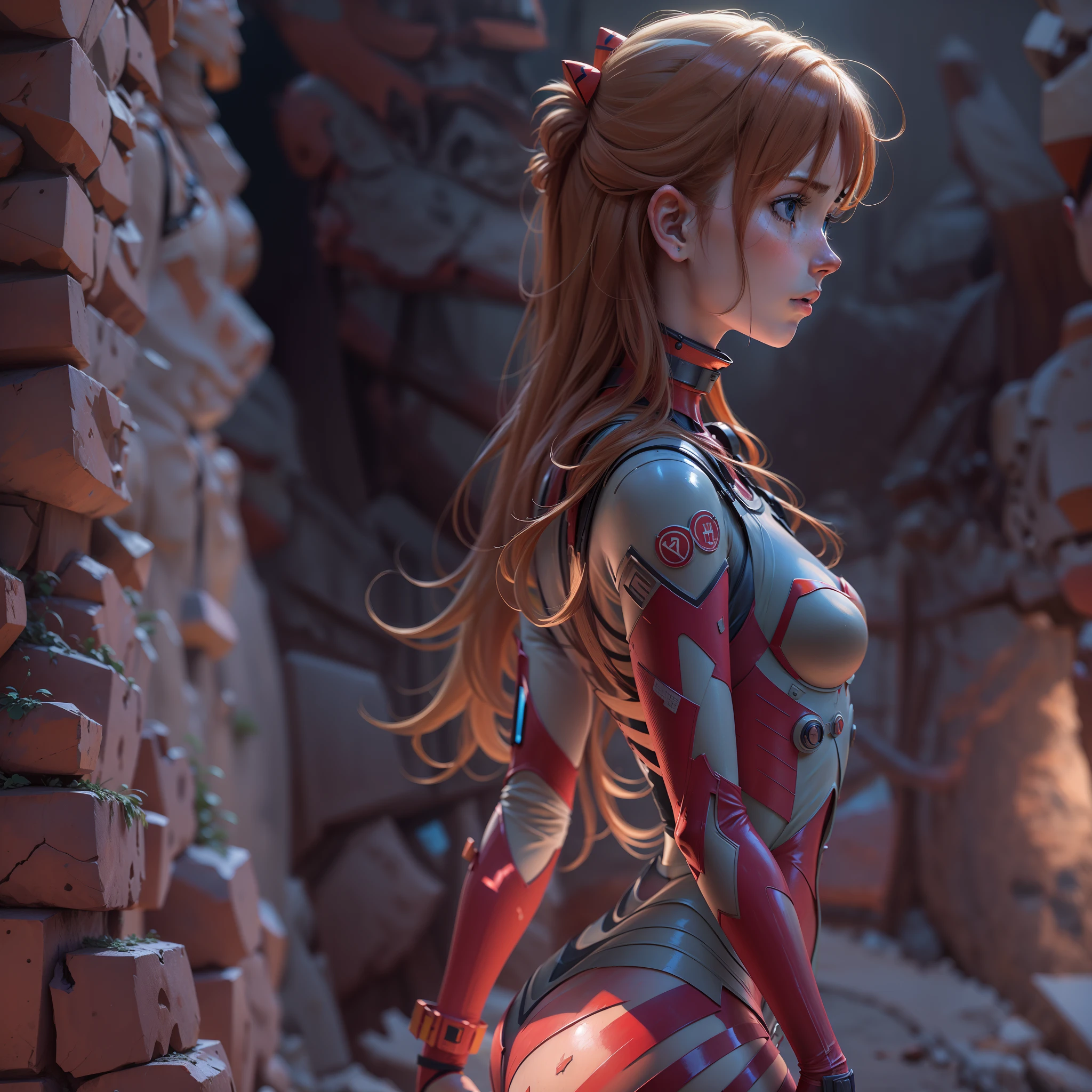 1 girl, Asuka Langley Shikinami, Caminando por una ciudad en ruinas en un desierto al atardecer, piedras rojas, ((ojos azules)), ((pecas en el rostro)), en plugsuit transparente, ((perfecto)), ((small ass)), (((DeepVnecklineslipdress))), Trazado de rayos, NVIDIA RTX, Super resolution, Irreal 5, Sub-Surface Scatterring, Texturas PBR, postprocesamiento, Anisotropic filtering, profundidad de campo, maximum sharpness and sharpness, Texturas multicapa, Mapeo de albedo y especular, sombreado de superficie, Accurate simulation of light-material interactions, proporciones perfectas, octane representation, duotone lighting, ISO bajo, balance de blancos, regla de tercios, apertura amplia, 8K RAW, high-efficiency subpixels, sub-pixel convolution, glow particles