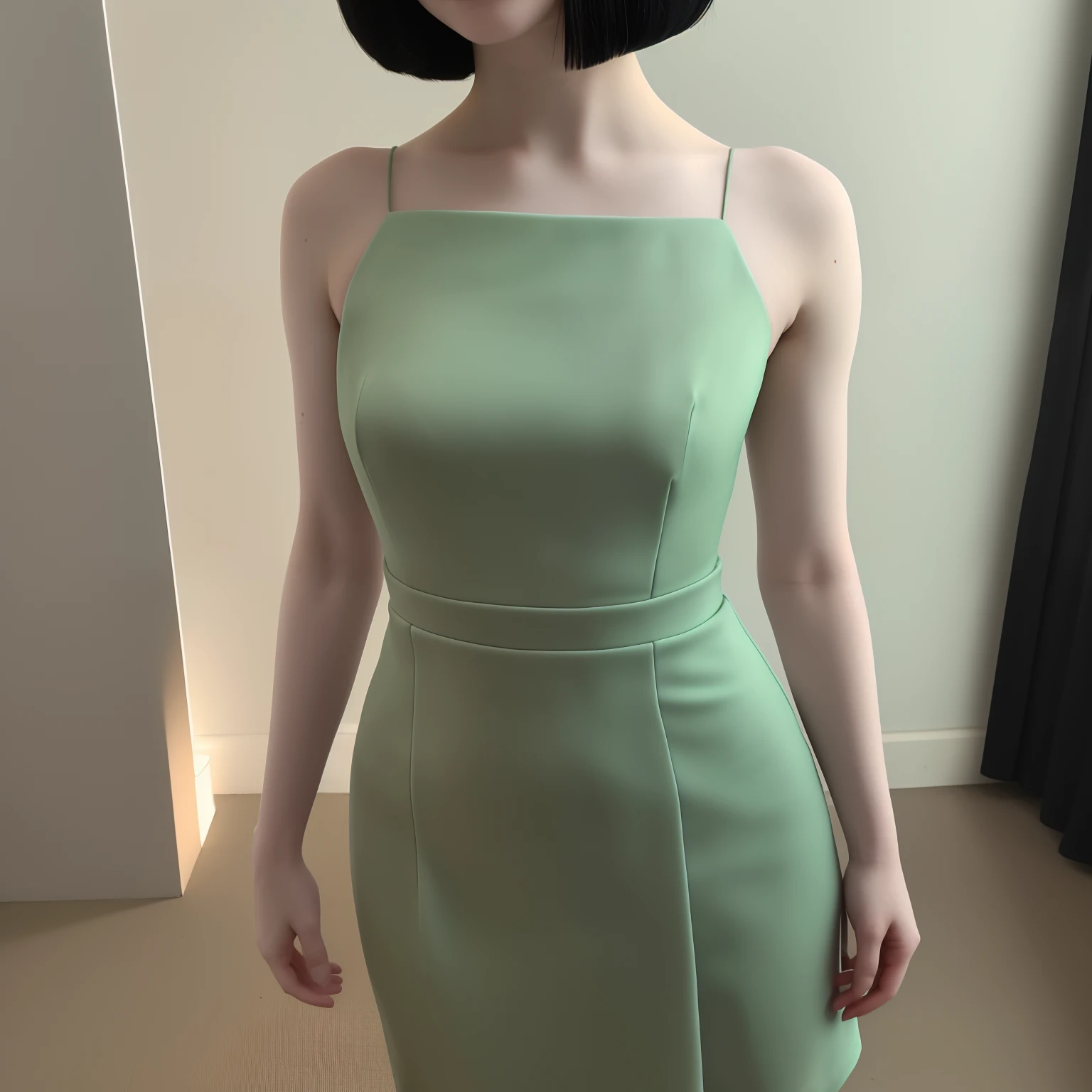 A close up of a beautiful girl, pale skin, black bob cut hair, perfect body, full body, standing in ethereal green dress
