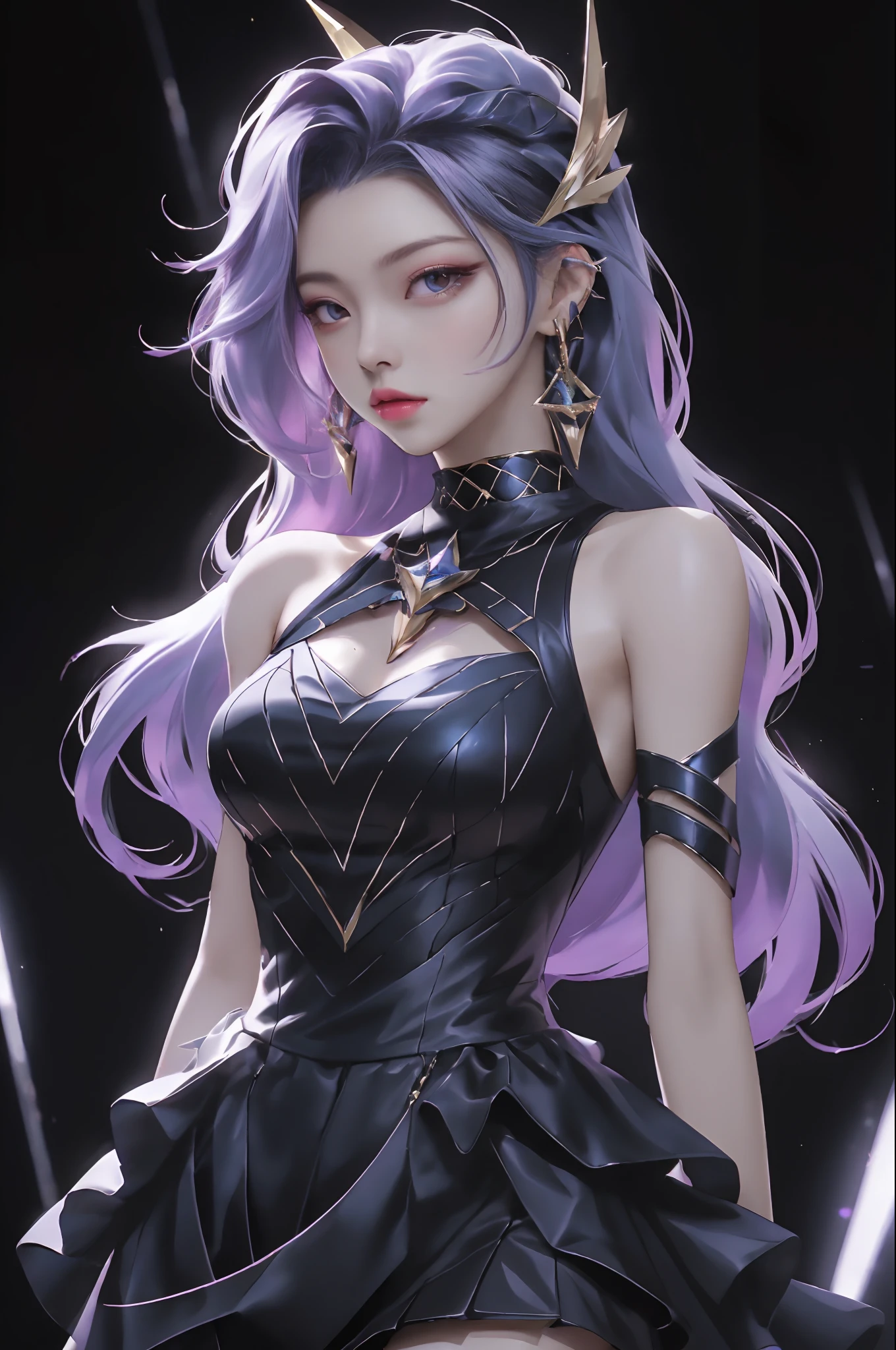 best quality, 1girl, kda, solo,  long hair, black  dress, looking at viewer,  upper body