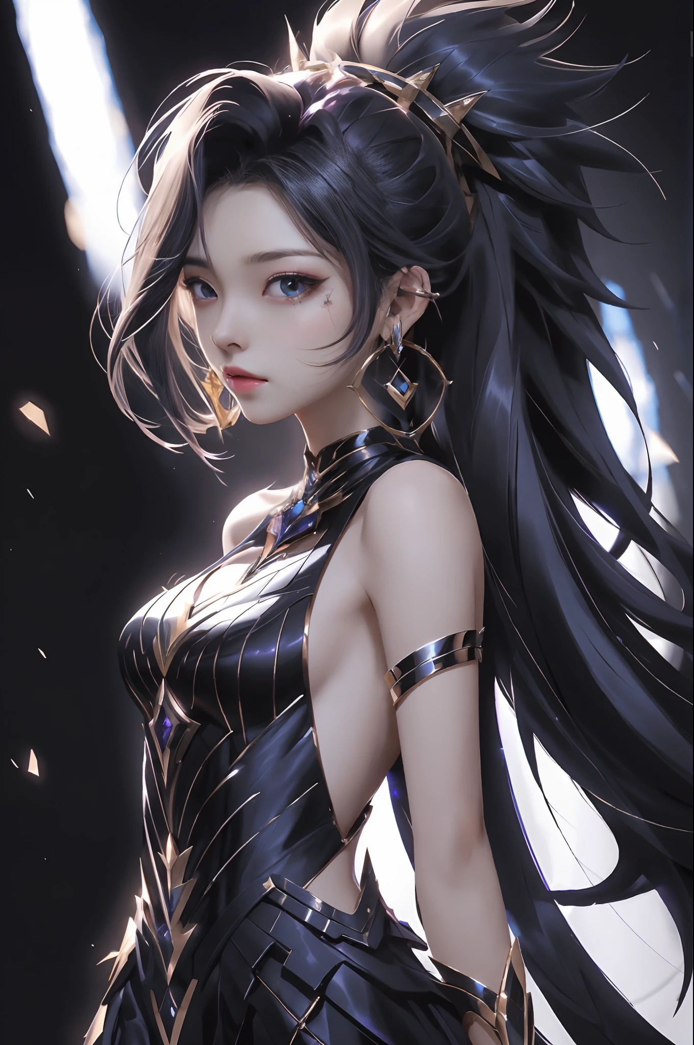 best quality, 1girl, kda, solo,  long hair, black  dress, looking at viewer,  upper body