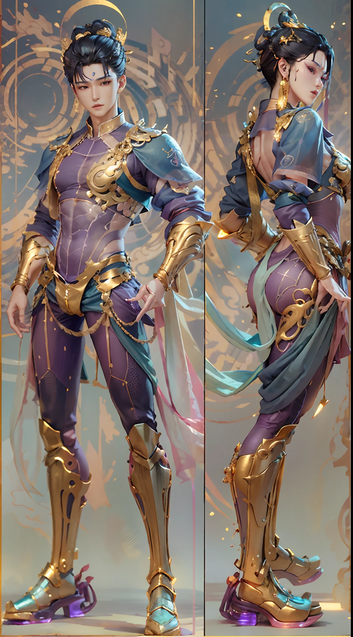 Sculpture design，Figures，GK model，（The whole body of the character），Expose muscles，（sexy for），（Exquisite base），The color of the clothes is gold，blue and violet，Transparent texture，Wu Yifan，Handsome cybernetic boy looking at camera lingerie detailed muscular reality masterpiece，musculous