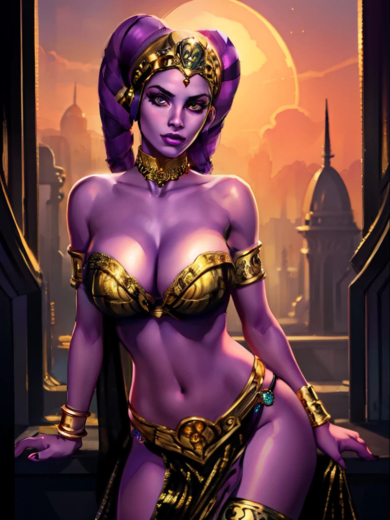 (best quality, masterpiece, highly detailed), 1girl, (purple skin), sexy busty Twi'lek, large breasts, skindentation, cleavage, looking at viewer, gold and black bikini, gold, ornate metal bra, metal lace, gemstones, jewelry, long skirts, armlets, pelvic curtain, Star Wars, lekku stripes