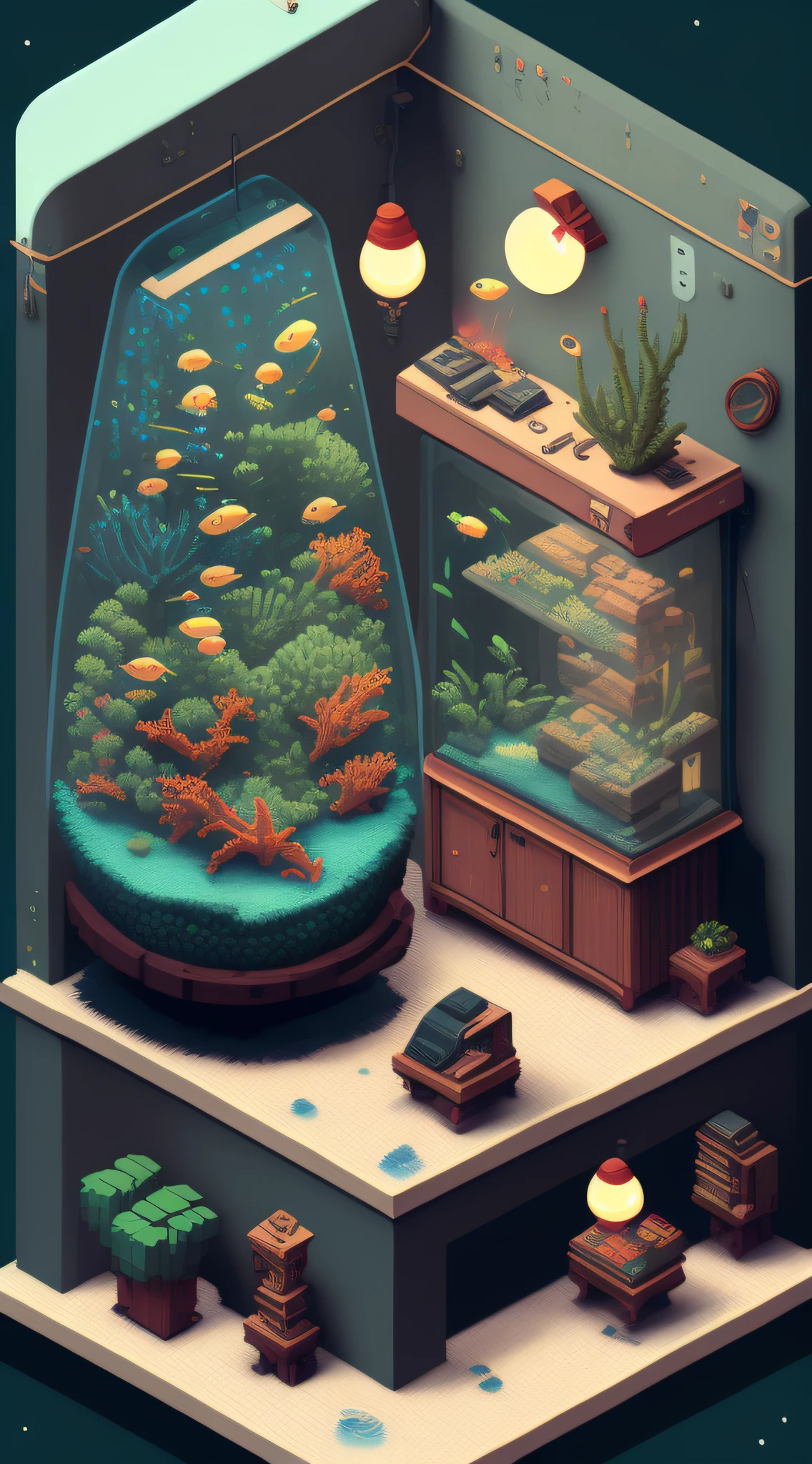 François Harald（François Harald）retro-futurism，aquariums，ocean water，seaweed，The fish，lamplight，warm，Adopt the style of isometric pixel art and pixel room generator