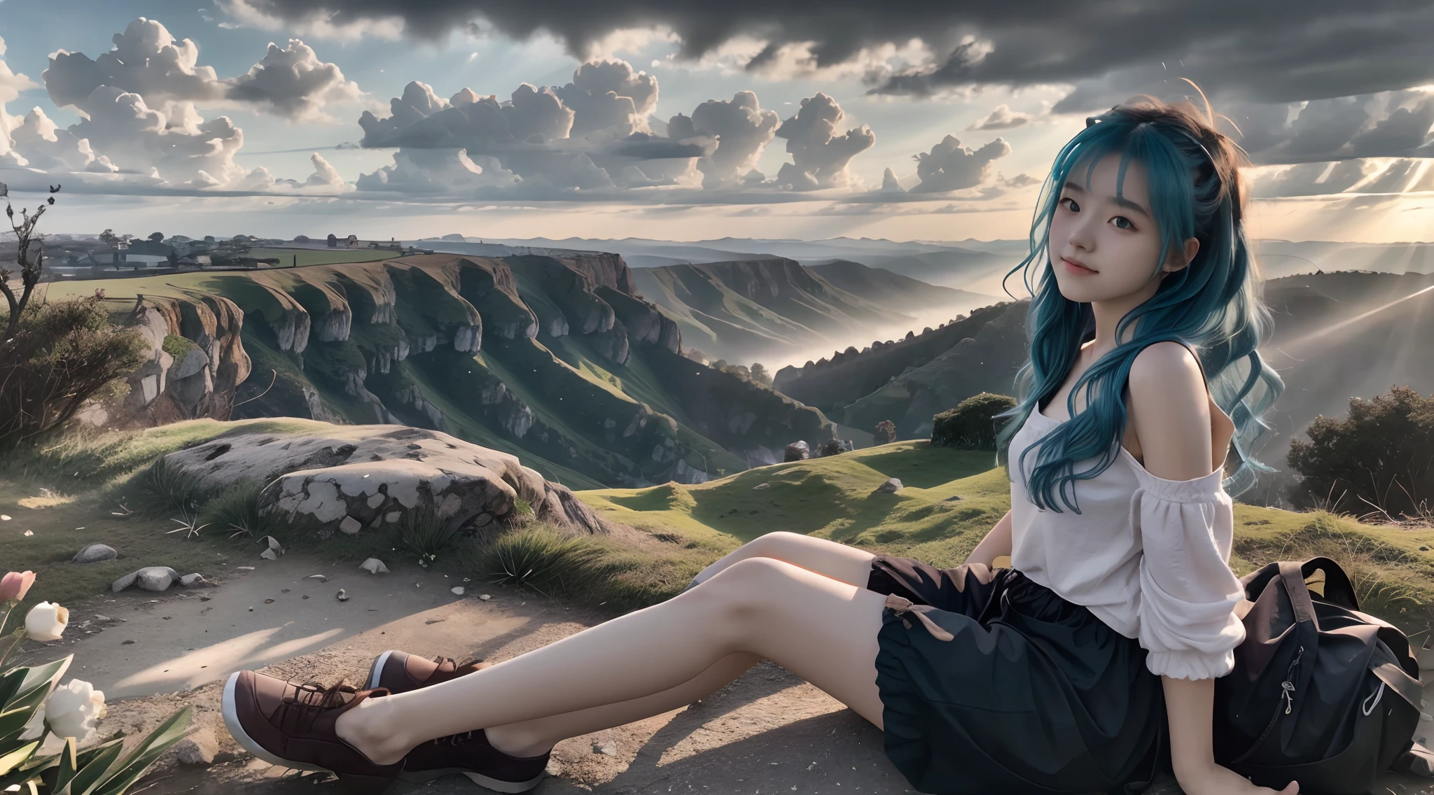 hilltop，Soft lighting，A ray of light in the morning sun，Dark clouds fill the distance，Beautiful and peaceful natural landscape，teens girl，blue  hair，Long hair dragged on the ground，sitting at the edge of a cliff，Fluffy colorful fox tail