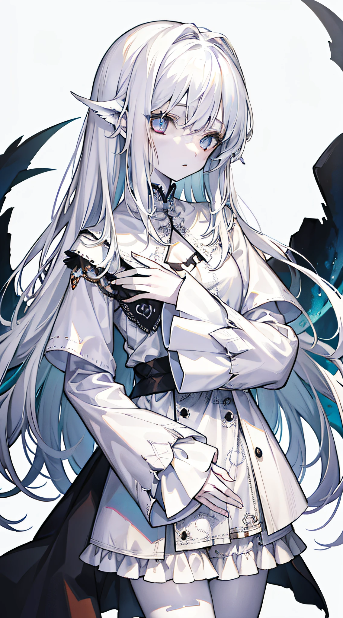 "A girl ghost with pale, paper-white skin, wild and disheveled bright white hair, and mesmerizing white eyes adorned with spirals, wearing tattered clothing and clutching onto an aged plush toy."