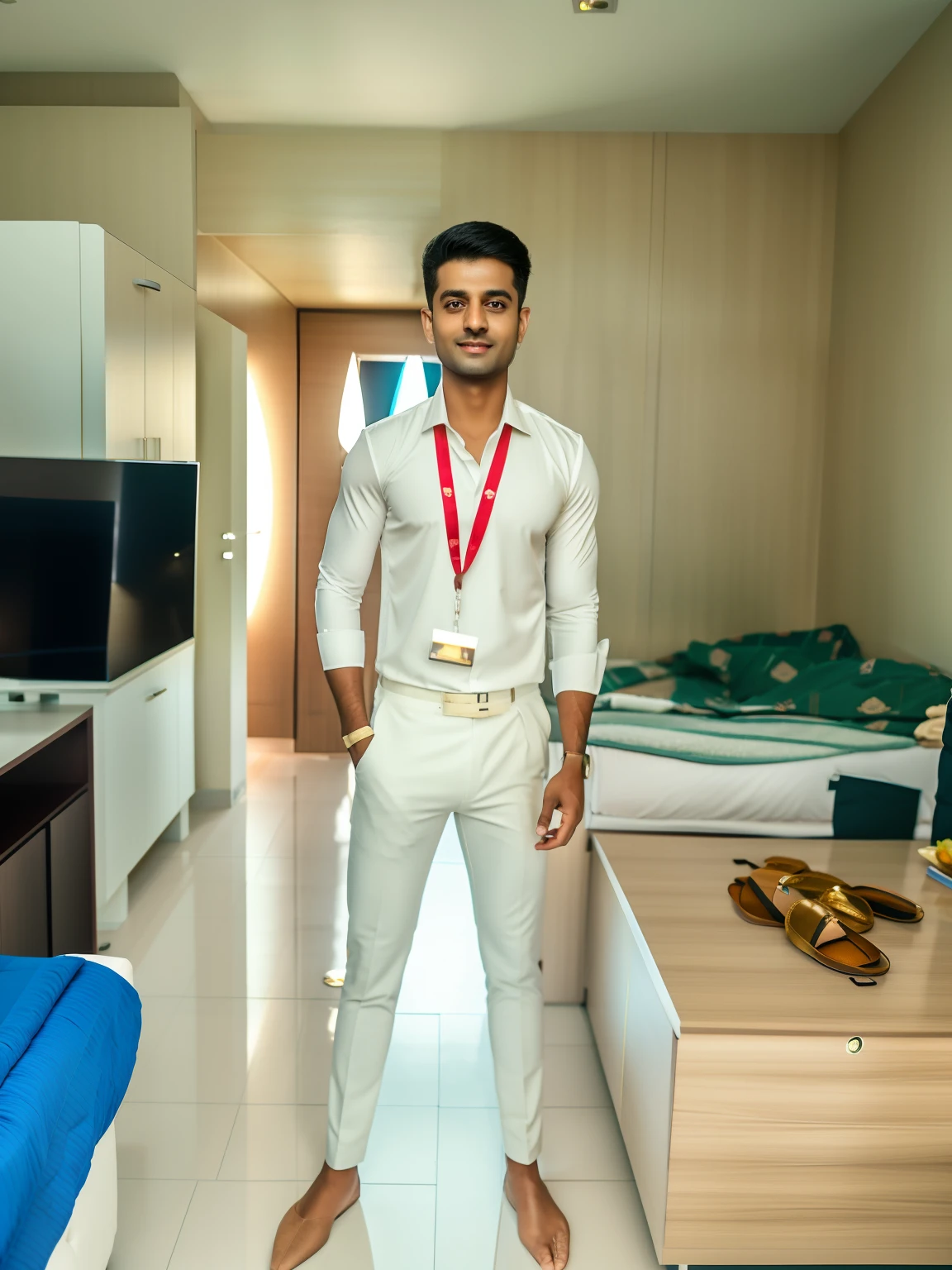 arafed man in a white shirt and black pants standing in a room, full body photogenic shot, dressed with long fluent clothes, full body in camera, full body picture, full body photgraph, full body profile camera shot, at college, dressed in a jodhpuri suit, taken with the best dlsr camera, full body model, stylish pose