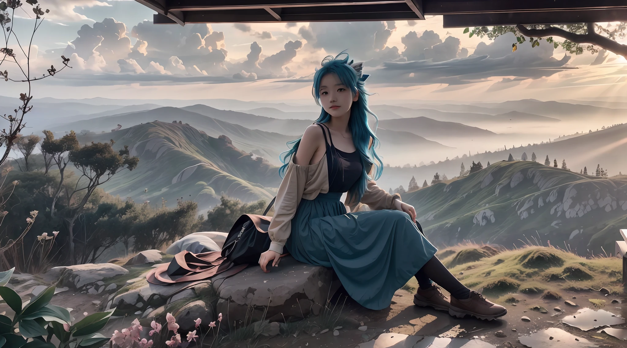 hilltop，Soft lighting，A ray of light in the morning sun，Dark clouds fill the distance，Beautiful and peaceful natural landscape，teens girl，blue  hair，Long hair dragged on the ground，sitting at the edge of a cliff，Fluffy colorful fox tail