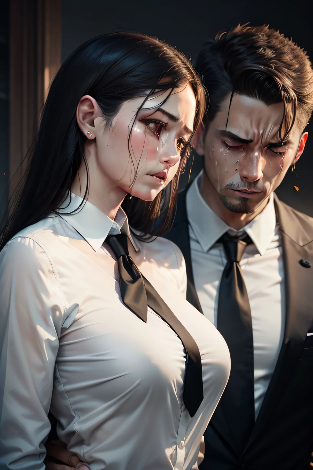 couple, white shirt, black necktie, (realistic:1.3), crying, tears, sad