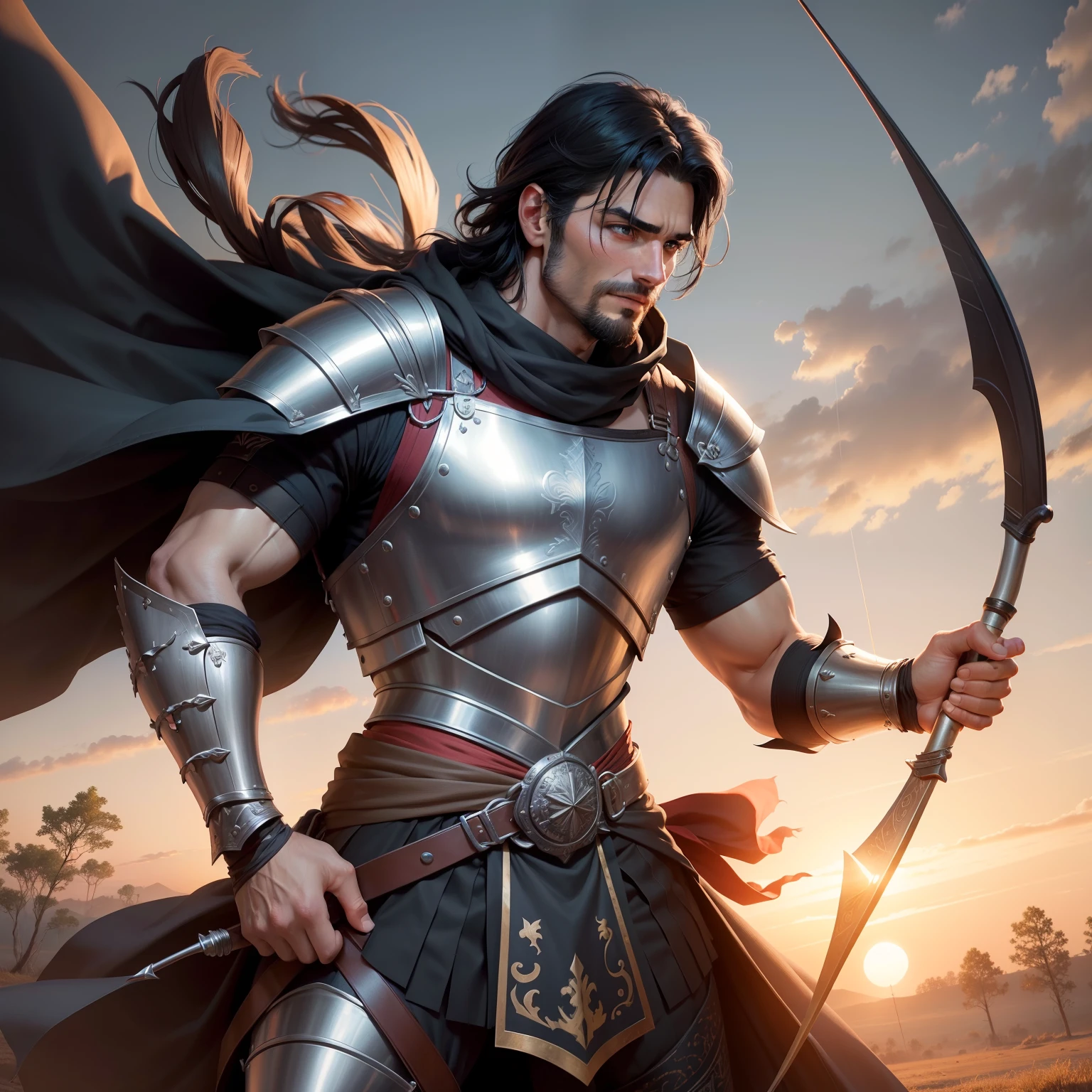 1 man Handsome man with black hair in his 30s Stubble Thin macho Medieval European-style armor Armor with fine patterns Pose holding a bow to the sky Holding a bow with your right hand Grasping the arrowhead with your left hand Drawing a bow forcefully Drawing an arrow towards the sky Bend one knee An invincible smile Raise the corners of your mouth slightly Serious eyebrows Wilderness battlefield Sunset Wide shot Low angle Masterpiece Best quality Realistic Strong contrast of light Famous scenes from the movie