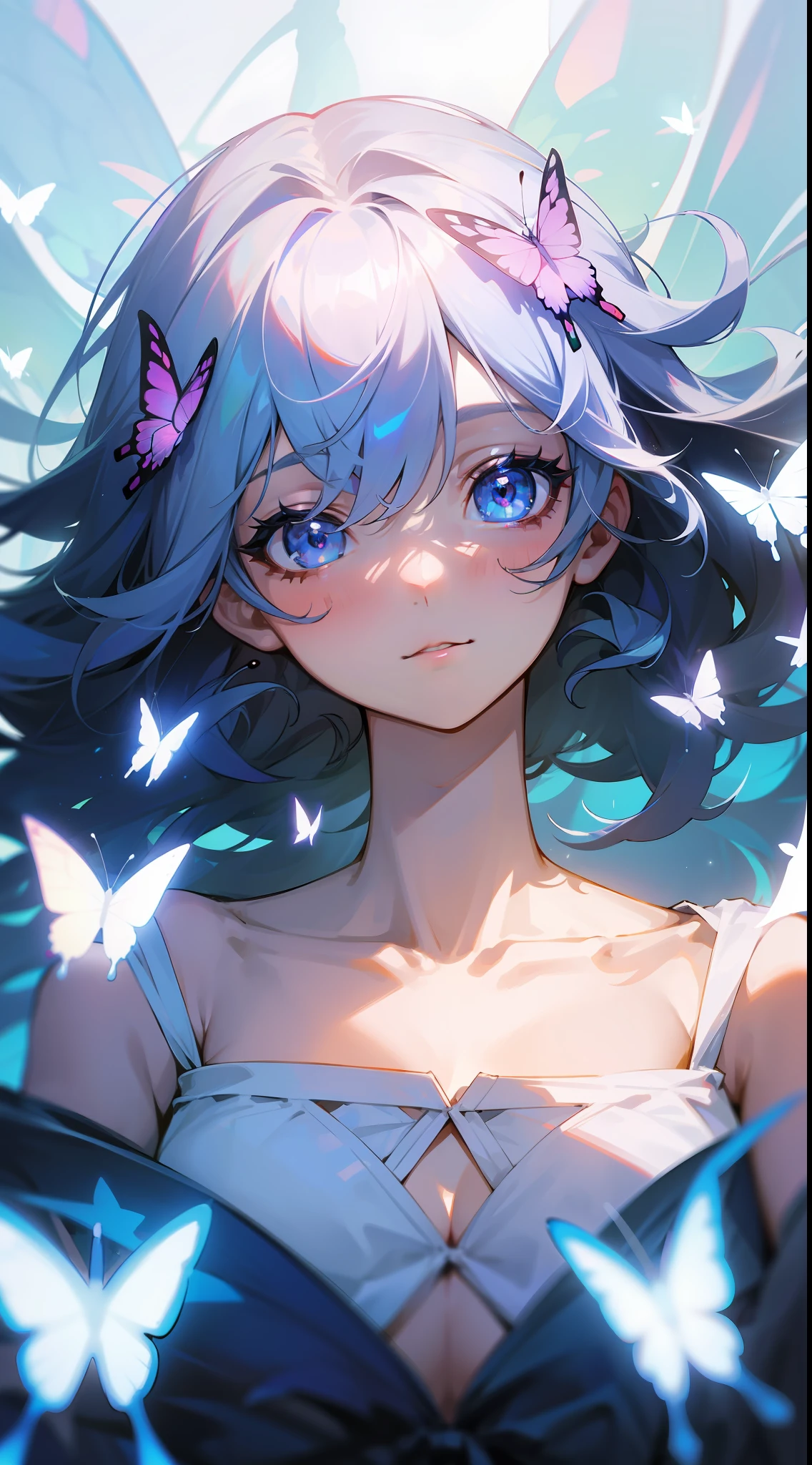 upper_body, from_above, zoom in on eyes, bangs, hair between eyes, collarbones, Butterfly SurroundedFlowers fill the screen, bed_sheet, Floating light spot,eyes in heart