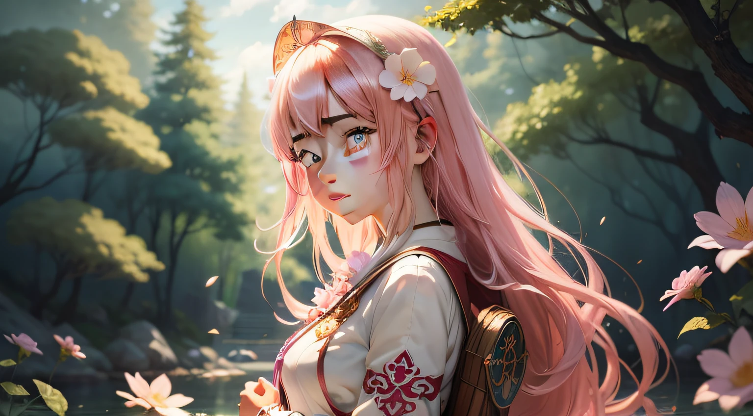 beautiful, masterpiece, best quality,Fantastical Atmosphere, Calming Palette, Tranquil Mood, Soft Shading, Miko priestess, charm spell, talisman familiar, shrine maiden duties,anime girl with pink hair and a white flower in her hair, anime girl in real life, photorealistic anime, anime. soft lighting, beautiful anime portrait, anime style mixed with fujifilm, hyper realistic anime, kawaii realistic portrait,