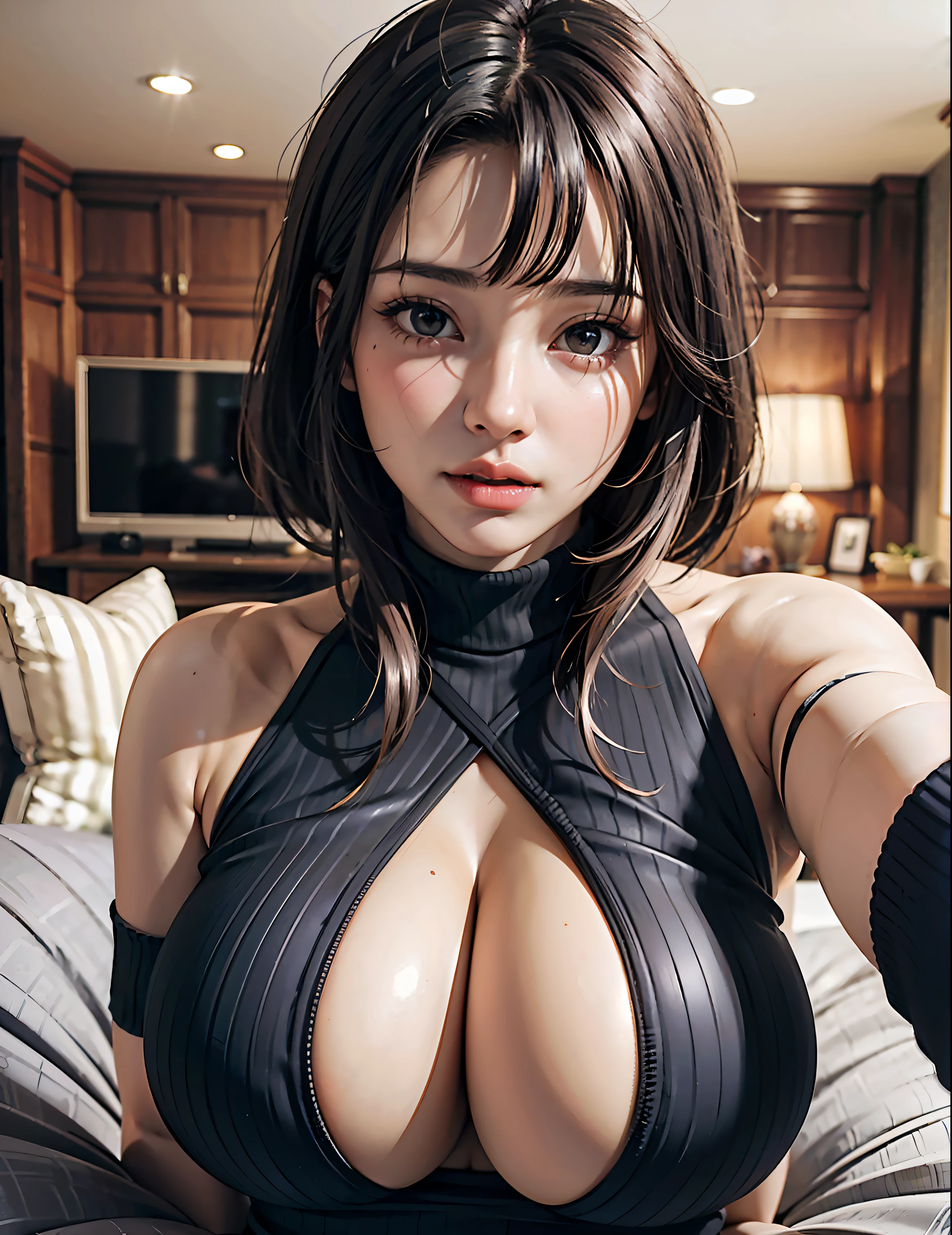 Cute ta, cleavage, areolas protruding, breasts indentation ((Realistic light, Best quality, 8k, Masterpiece :1.3)), Selfie, 1girl, Pretty woman with perfect figure :1.4, abs :1.1, (short straight black hair with bangs, Huge breasts :1.5), turtleneck sweaterdress :1.2, Bed, Ultra-detailed face, Detailed eyes, Double eyelid, perfect hands perfect fingers perfect breasts perfect hair perfect face perfect body perfect composition, at home relaxing, in living room, mansion, expensive home, big expensive tv, expensive couch, detailed background, ray tracing, unreal engine, highest resolution hyperrealism