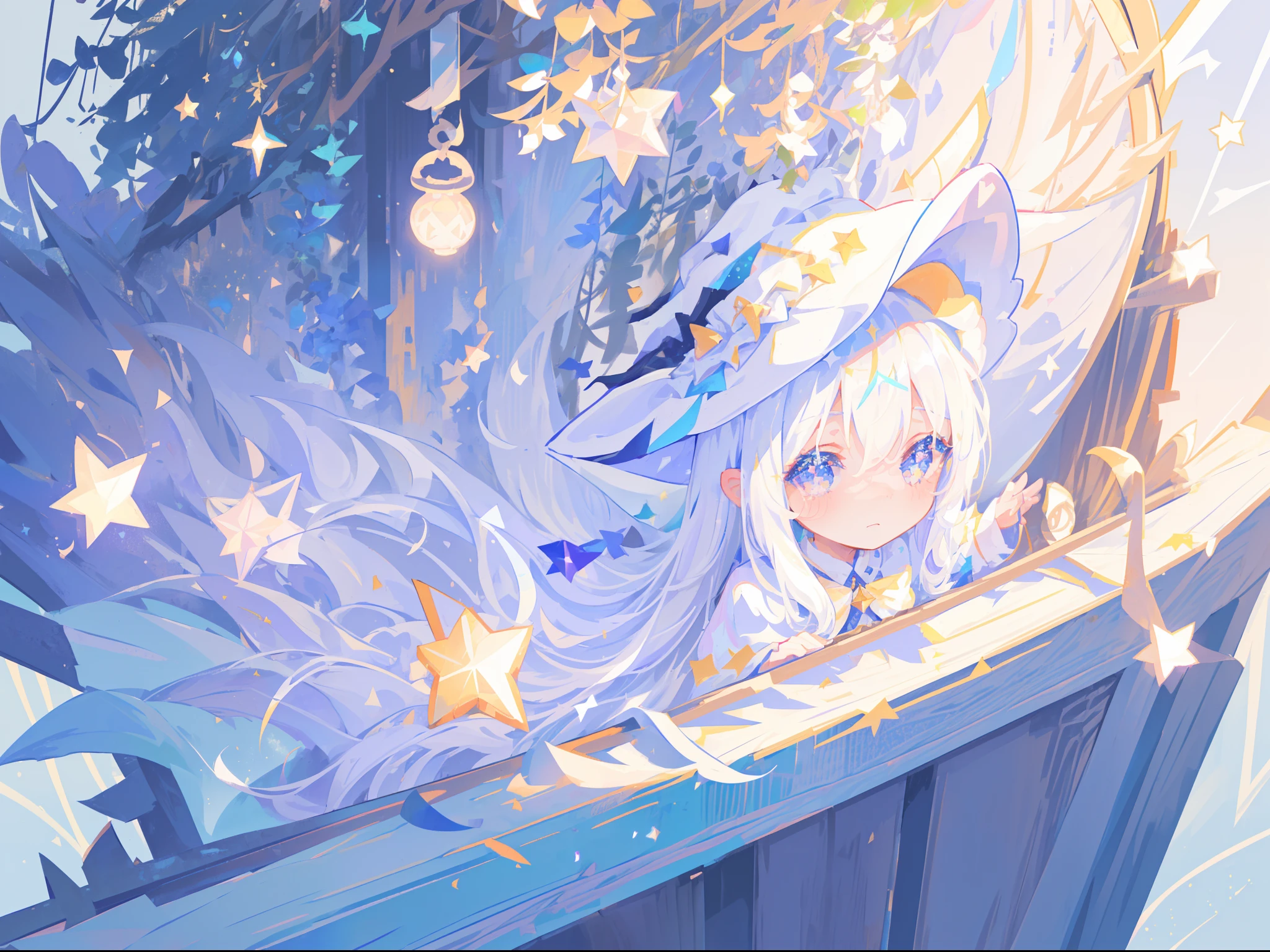masterpiece,top-quality, Best Quality, the Extremely Detailed CG Unity 8K Wallpapers, Cinematic lighting, Lens Flare, Eyes in Beautiful Details, side glance, colorful light, Particle, portrait closeup,Cornflower Art、dream-like,hight resolution、volume illumination、contour deepening,Back lighting、Very detailed 8k wallpaper,(Chibi:1.5), (Lori:1.4), (1 girl in:1.5), shining faintly, white hair, (bow ribbon, Glitter stars, shimmer, White Witch:1.5),(Picture in motion:1.2),(White Witch Hat:1.5),(White Witch Robe:1.5),colorful stars, (Cute little girl s:1.2),(fuwafuwa illustration:1.2), (white backgrounid:1.5), (Magic Frame:1.5), (Pastel White Color:1.5),fluffy hair,Short hair,
