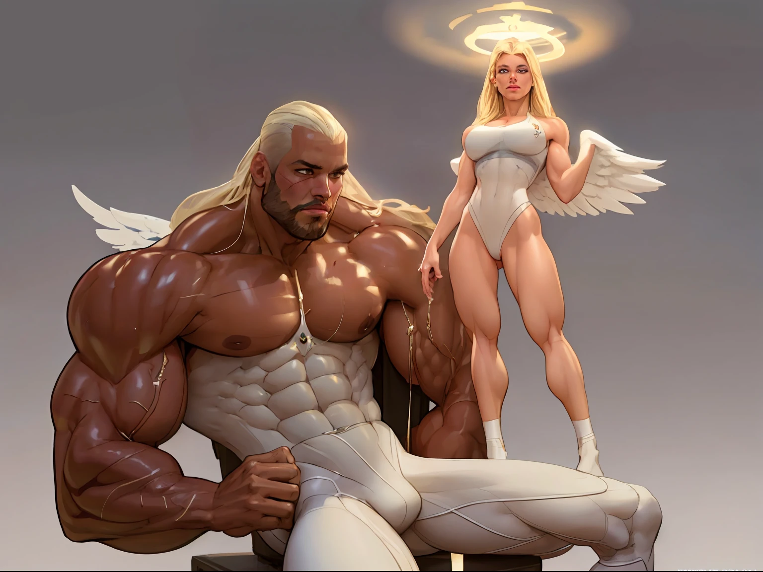 ((masterpiece)),(((best quality))),((character design sheet)), illustration,1man, environment Scene change, ((large deltoids)), shining light behind, male muscular, white skin, white legs, thick legs, ((angel halo above head)), scribbles and marks, ((detailed face:1.1)), rough sketches, pose too, blonde and white color palette, 8k,16k, (simple background, light background: 1.3)