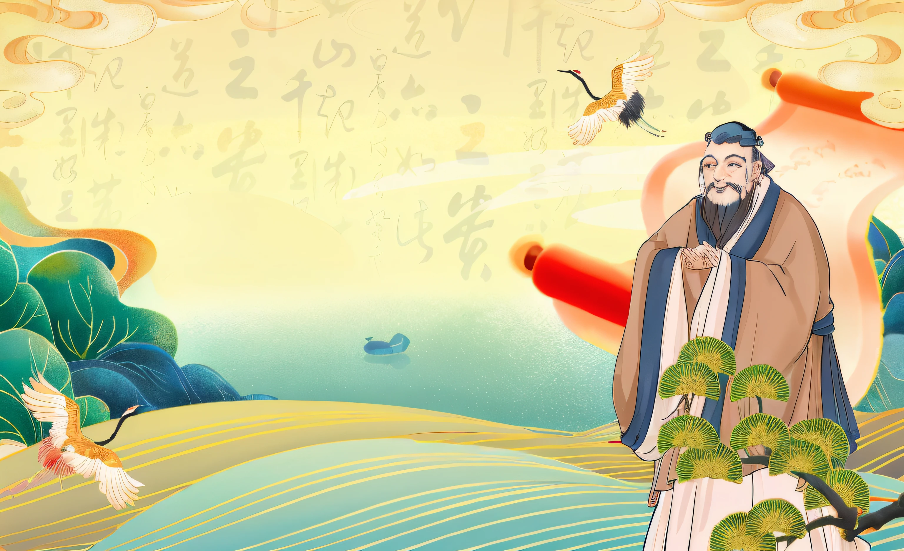The background is poetry,Flying cranes,Very flowing painting style,Chinese style,Dunhuang style clouds,Floating clouds,Draw the axis,Water lines in line drawings,Choppy water,Pine branches,Confucius image,High-quality pixels