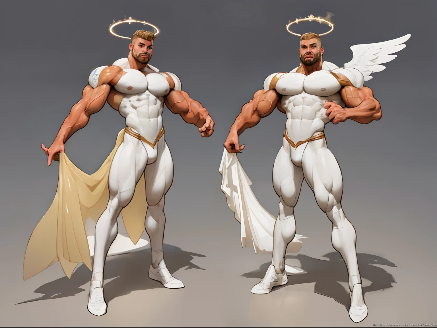 ((masterpiece)),(((best quality))),((character design sheet)), illustration,1man, environment Scene change, ((large deltoids)), shining light behind, male muscular, white skin, white legs, thick legs, ((angel halo above head)), scribbles and marks, ((detailed face:1.1)), rough sketches, pose too, blonde and white color palette, 8k,16k, (simple background, light background: 1.3)