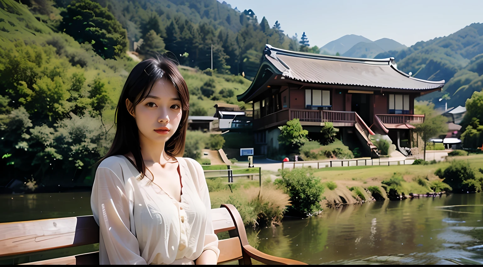 (masterpiece, high-res, photorealistic portrait:1.3), Beautiful Korean woman sitting on (Rustic wooden bench:1.2) ready (Scenic Road:1.2), Guitar strumming,
(Surrounded by traditional Korean houses:1.2) Stacked with (Rolling Hills:1.2), rin
(Tranquil riverbanks:1.1) approximate, Create a harmonious blend of (Urban and rural
Element:1.1), Capture the serene atmosphere and peaceful blend of cultures.
Rustic atmosphere.