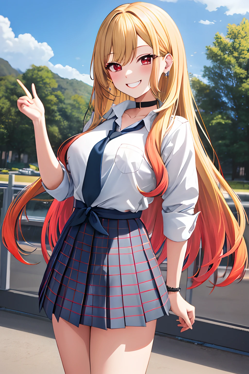 masterpiece, best quality, highres, kitagawa marin, 1girl, blonde hair, long hair, multicolored hair, red eyes, jewelry, earrings, piercing, school uniform, white shirt, tied shirt, black choker, blue necktie, plaid skirt, grin, smile, standing, cowboy shot, outdoors,