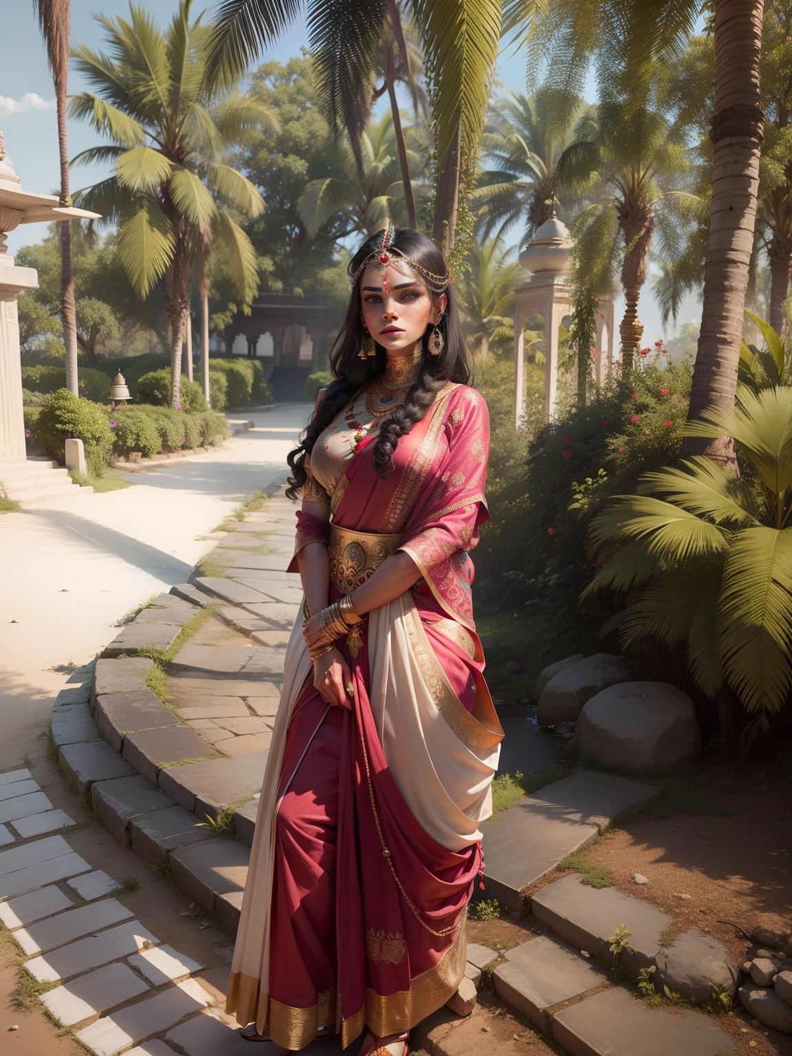 Indian warrior queen , beautiful woman ,realistic face 8k , with traditional Saree ,and jewelry, dusky skin
