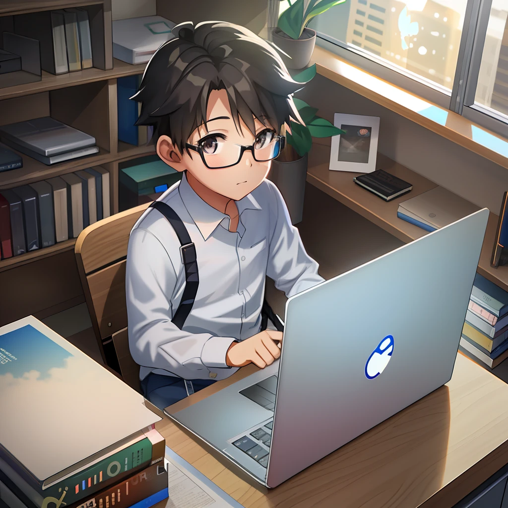 Boy sitting at a desk with a laptop and a bookshelf, Arte no estilo de Guweiz, Digital anime illustration, Makoto Shinkai. digital render, painting digital adorable, arte de anime digital detalhada, arte de anime digital, arte de anime realista, Kawacy, anime moe artstyle, arte digital estilo anime, arte digital detalhada bonito