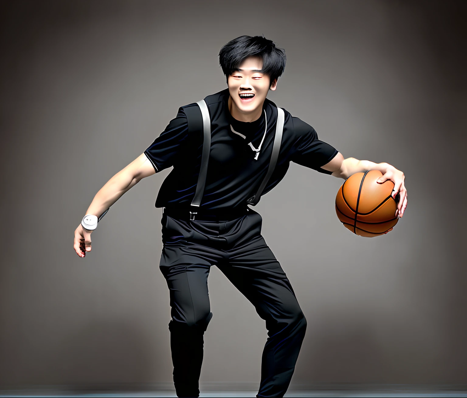 A man in a black shirt and suspenders holds a basketball, he is dancing, Cai Xukun, Since then,basketball ball, trending dribble, Inspired by Bian Shoumin, look like someone is dancing, Perfect dynamic pose, drools, happy wise. he has bouncy belly, dribbble, he is floundering, air is being pushed around him