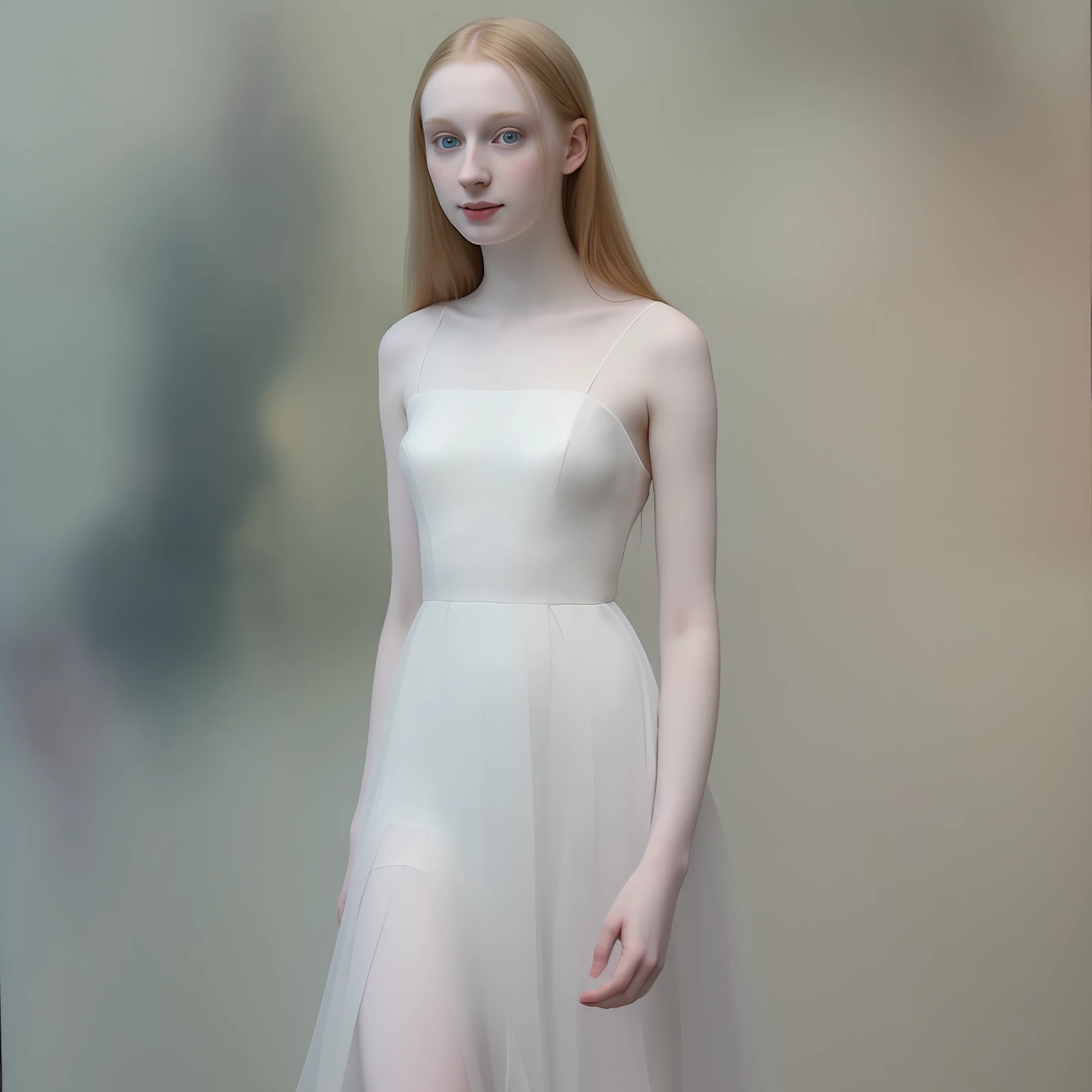 A close up of a beautiful girl, pale skin, perfect body, full body, standing in ethereal dress, background has a great painting