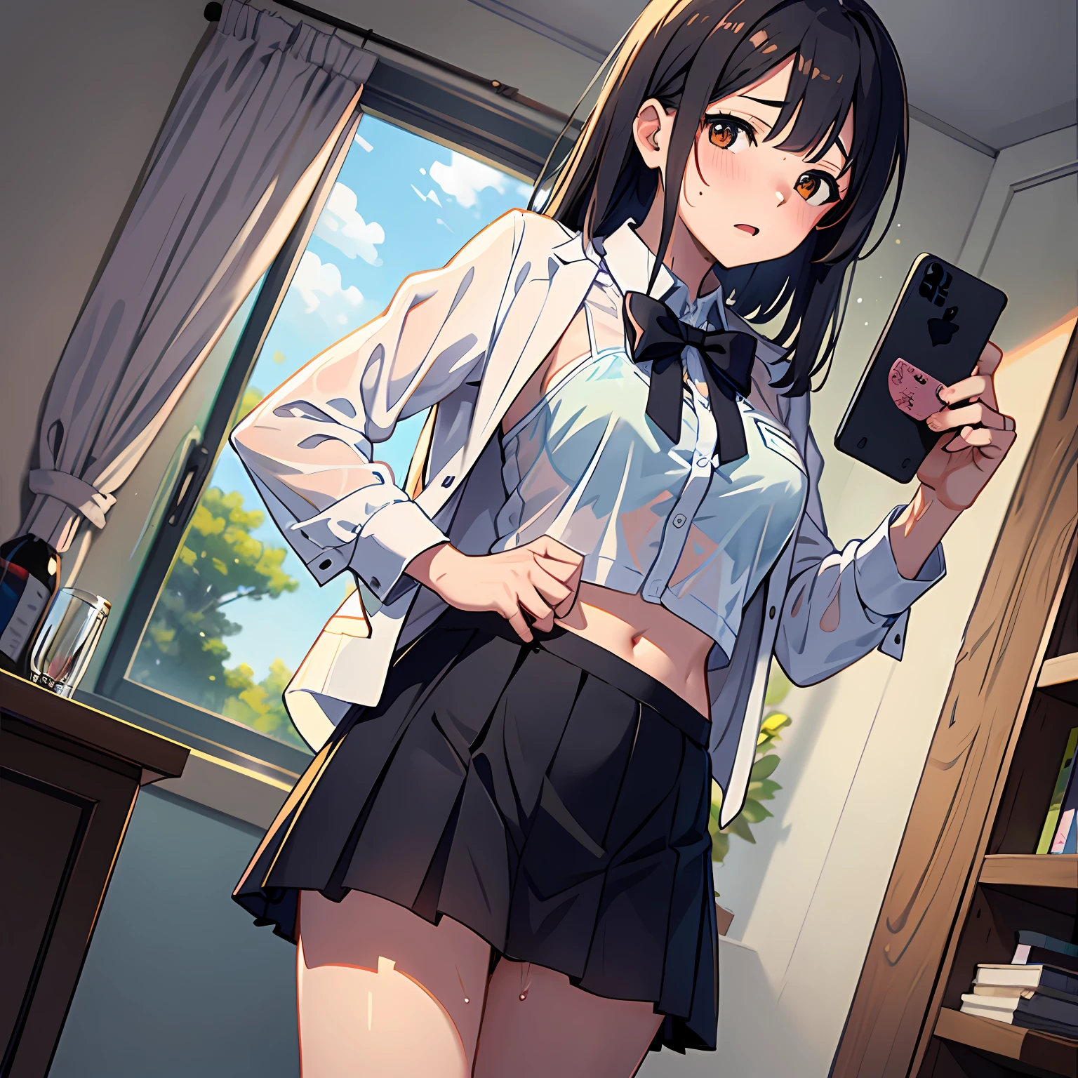 sister, wearing school uniform, wet and bra see-through, 8K, best quality, 14 years old, looking at camera, red cheeks, embarrassed, delicate hands, own room, fond brother, tsundere