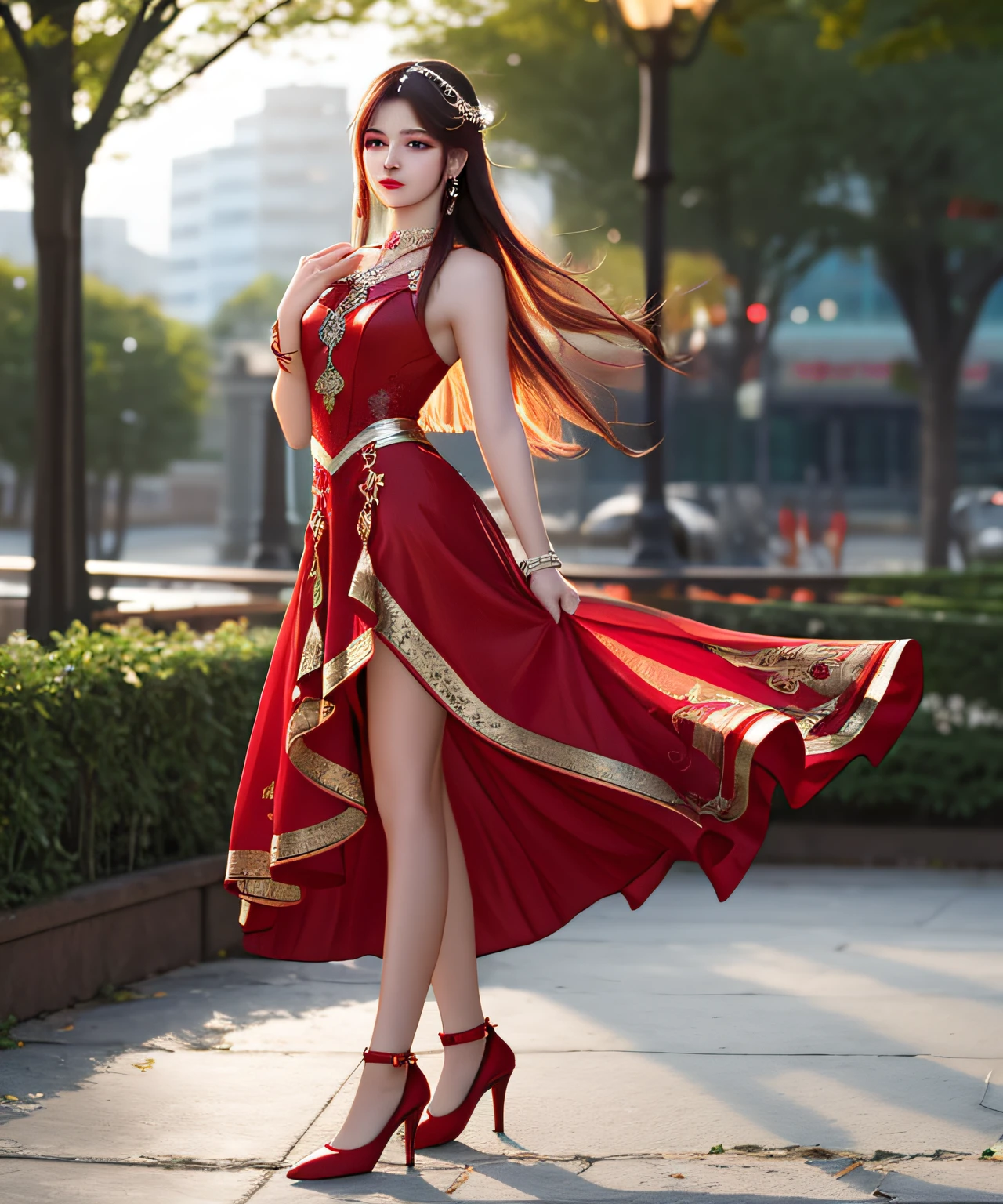best qualtiy,tmasterpiece,A high resolution,1girl,Red antique dress,bangle,hairpin,high-heels,dingdall effect,Beautiful face,realisticlying,A high resolution,softlighting,4k,Background bokeh,high high quality,highdetailskin,