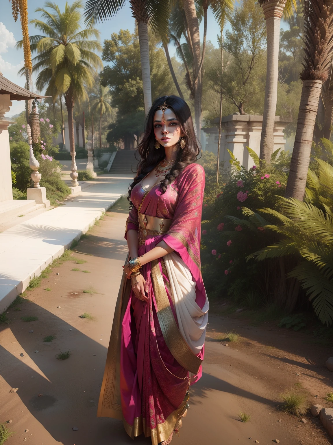 Indian warrior queen  , beautiful woman  ,realistic face 8k , with traditional Saree  ,and jewelry, dusky skin