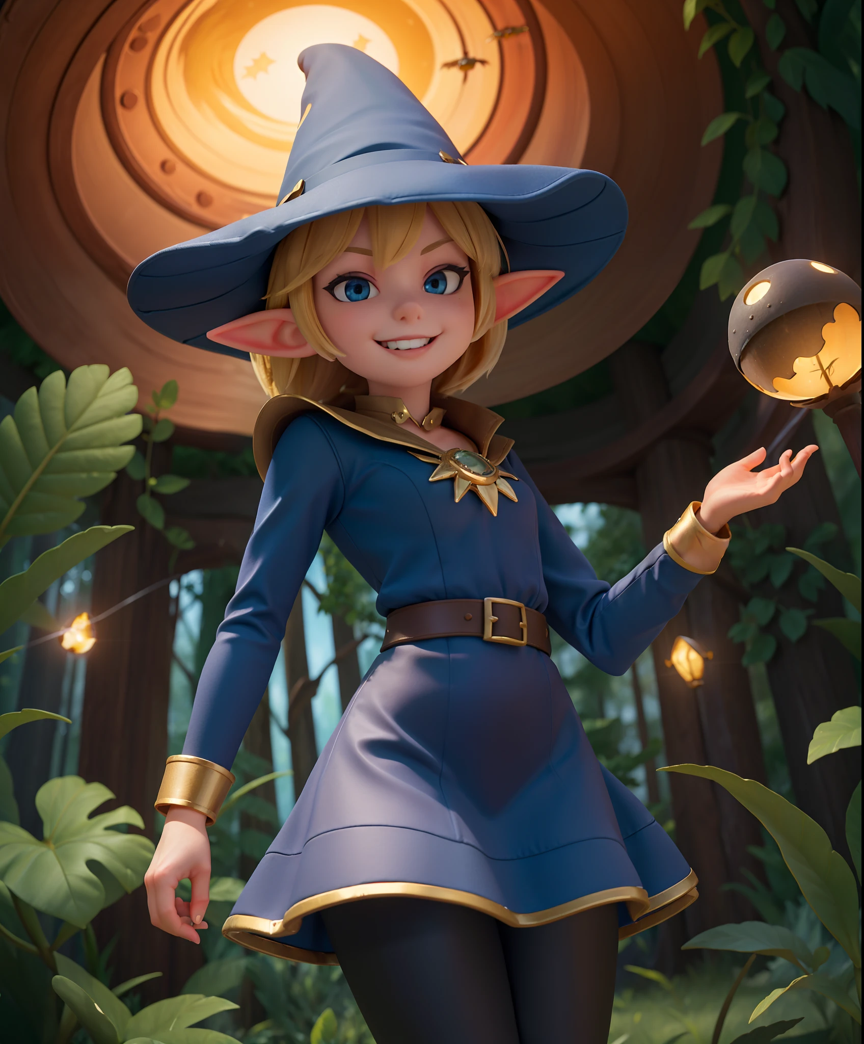 (masterpiece, high quality:1.3), (fisheye:1.25), a sexy witch girl, 18 years old, hand on hips, (night, magical dark forest:1.3), (close-up, upper body:1.3), (solo:1.1), perfect slim body, red eyes, blonde short hair, bangs, elf ears, grin, (simple:1.1) blue dress, (black:1.1) leggins, witch hat, fireflies, sparkles, epic sky, moon, dynamic light, dynamic shadows, (from below:1.2)