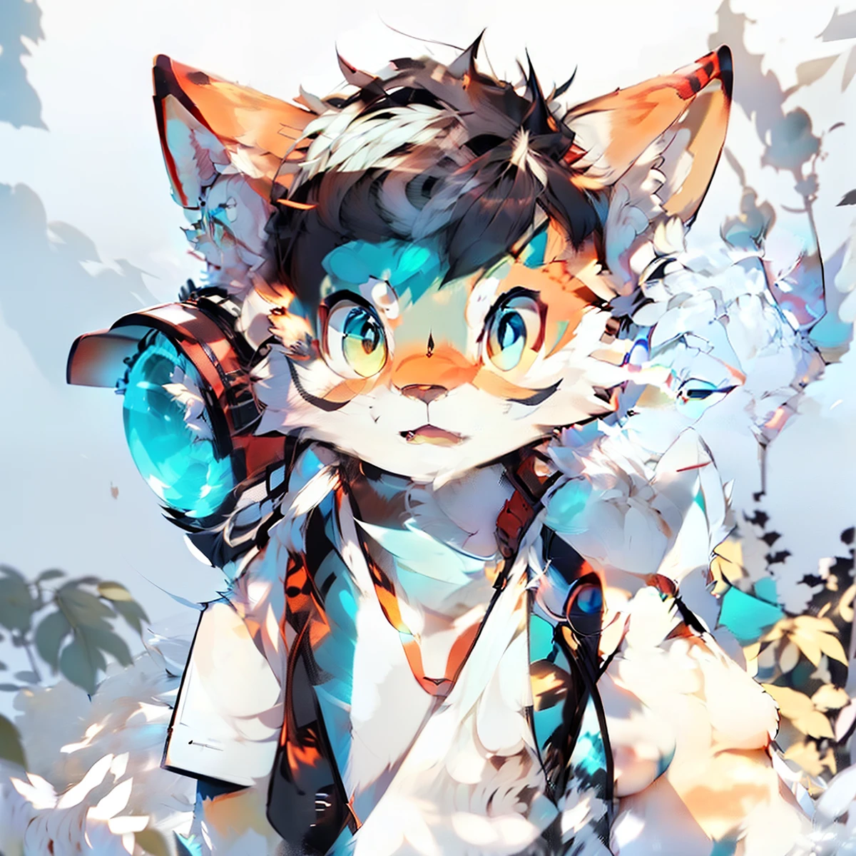 hairy pubic,White fur,hyper cute face,Red element on fur,Glowing T-shirt,Beautiful lamps,Ultra-fine fur,blue color eyes