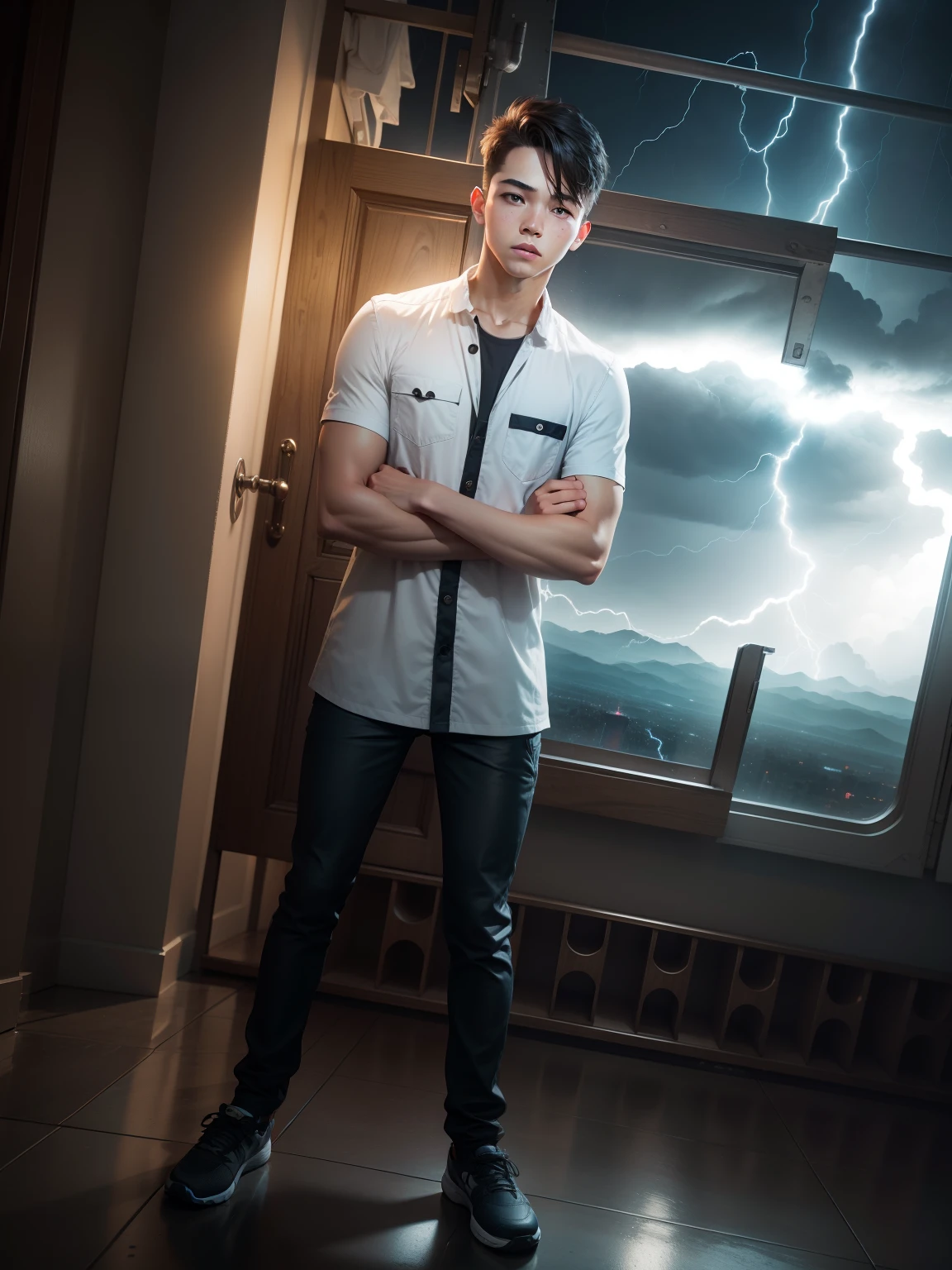 Change background sky lightning smart boy full body and face real 8k HD